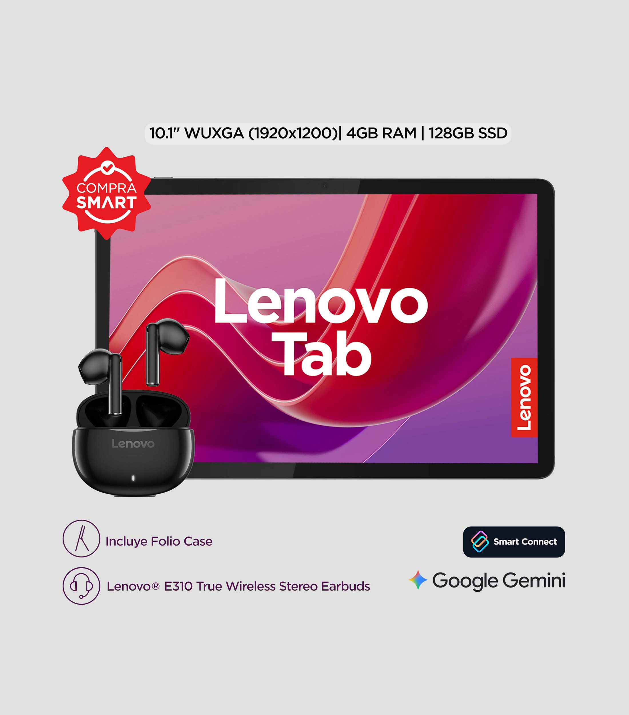 Tablet Lenovo TAB 10.1" WUXGA 4GB RAM 128GB eMMc Smart Conect + funda + Earbuds
