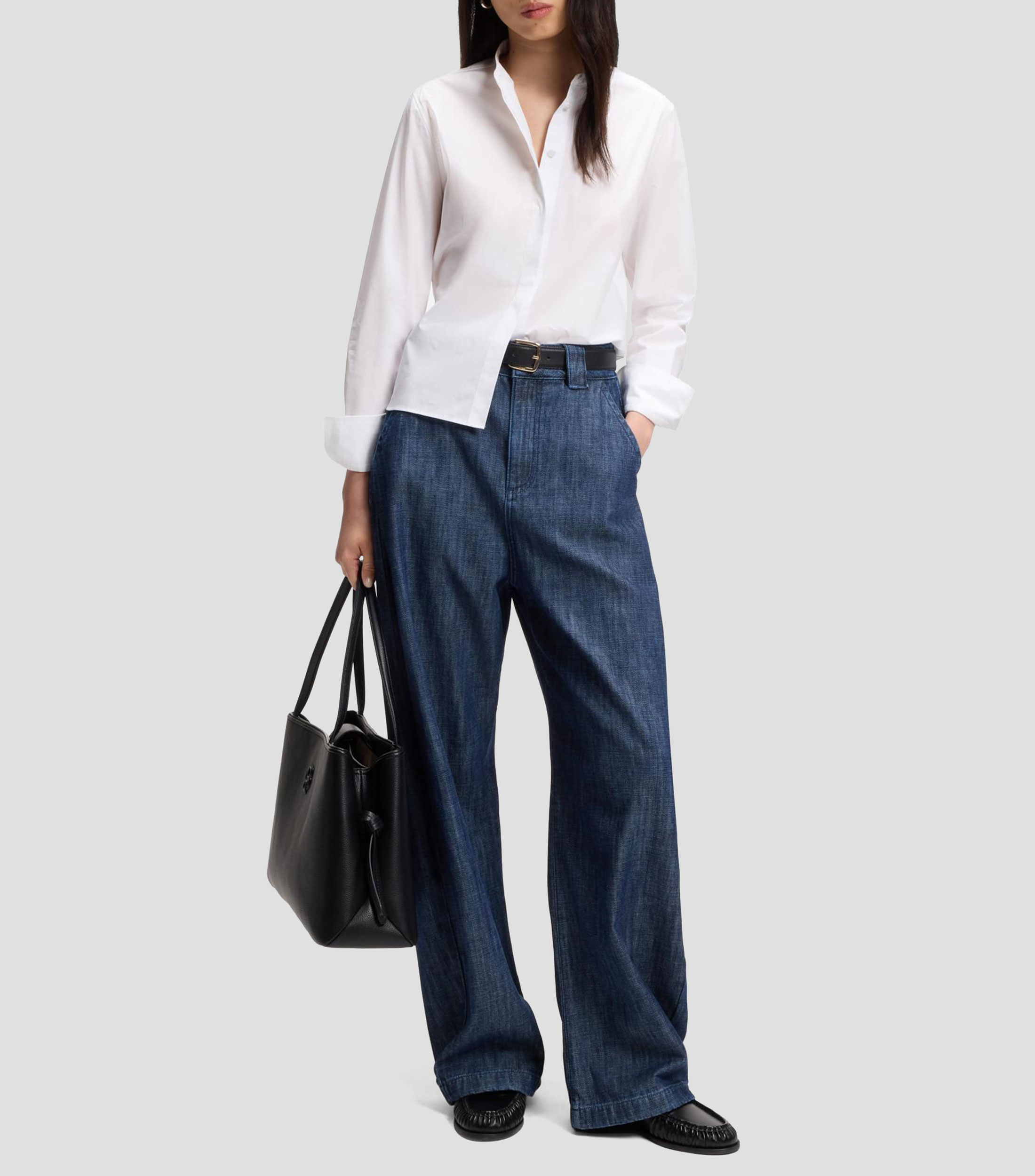 Camisa regular en popelín de algodón con tapeta oculta Mujer