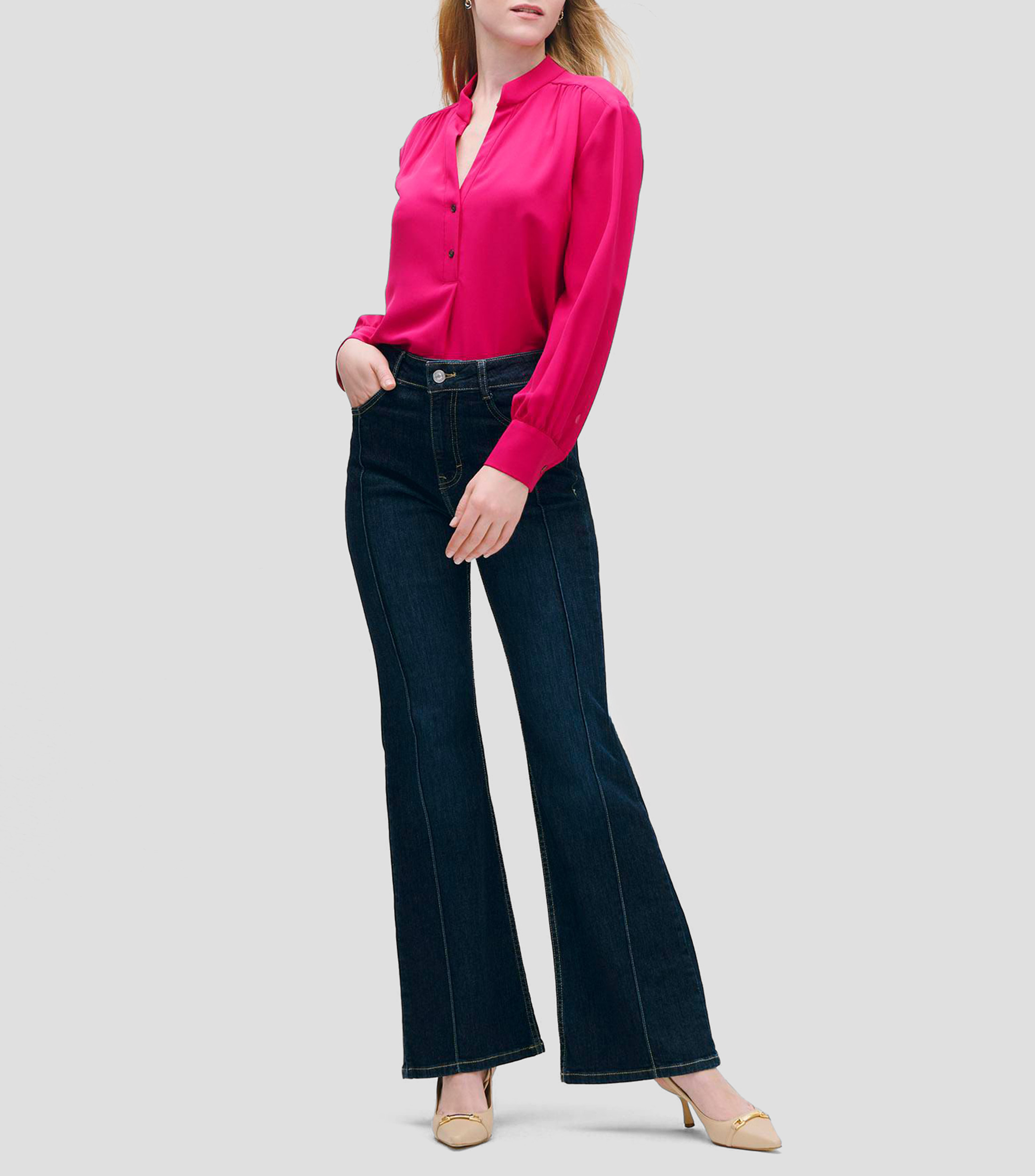 Blusa Fucsia Cuello Mao Escote V Mujer