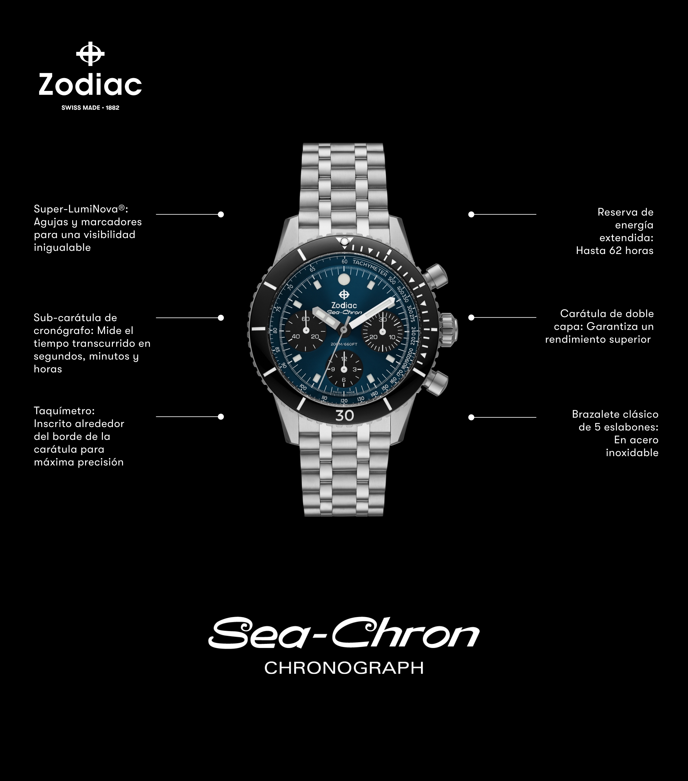 Reloj para Hombre Sea-Chron casual plateado, negro