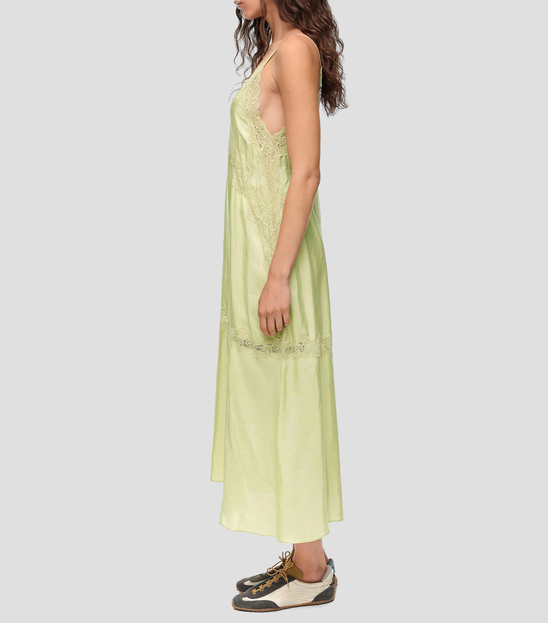 Vestido midi liso con encaje cuello V sin magas Mujer