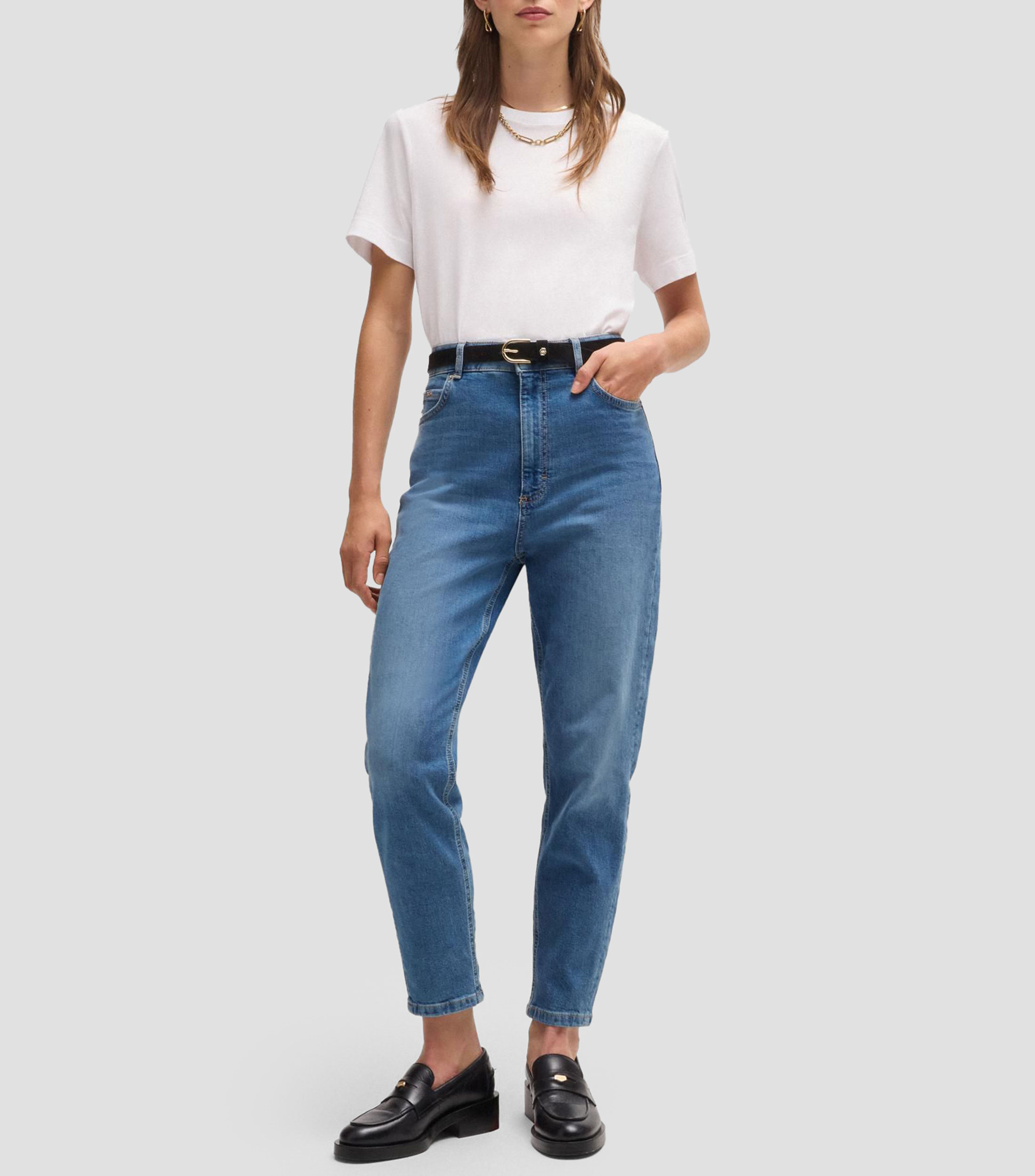 Jeans tobilleros de talle alto en cómodo denim elástico azul Mujer