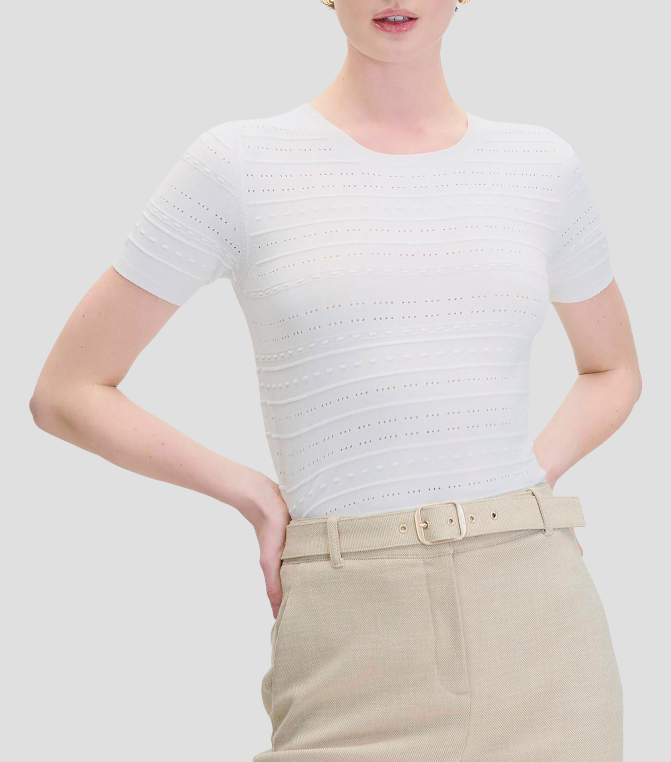 Blusa Blanca Tejido de Punto Calado Detalles Relieve Mujer