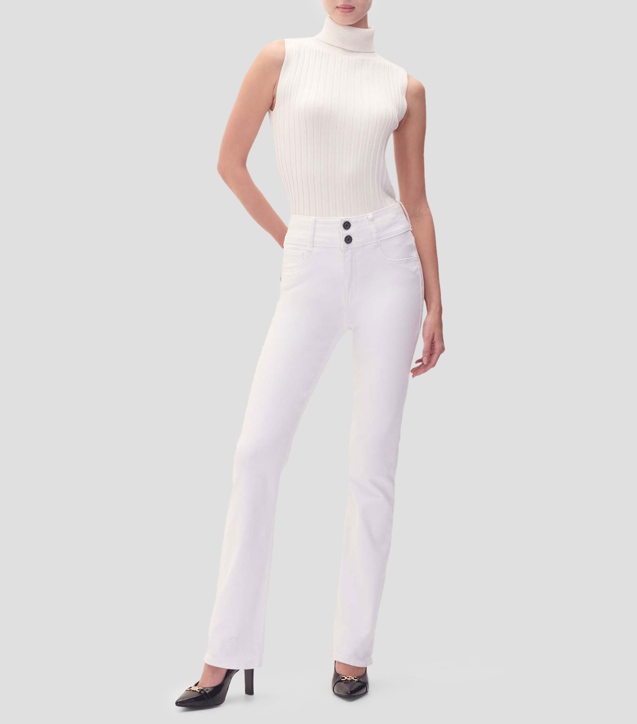 Jeans Acampanados Tiro Alto Doble Pretina Blancos Mujer