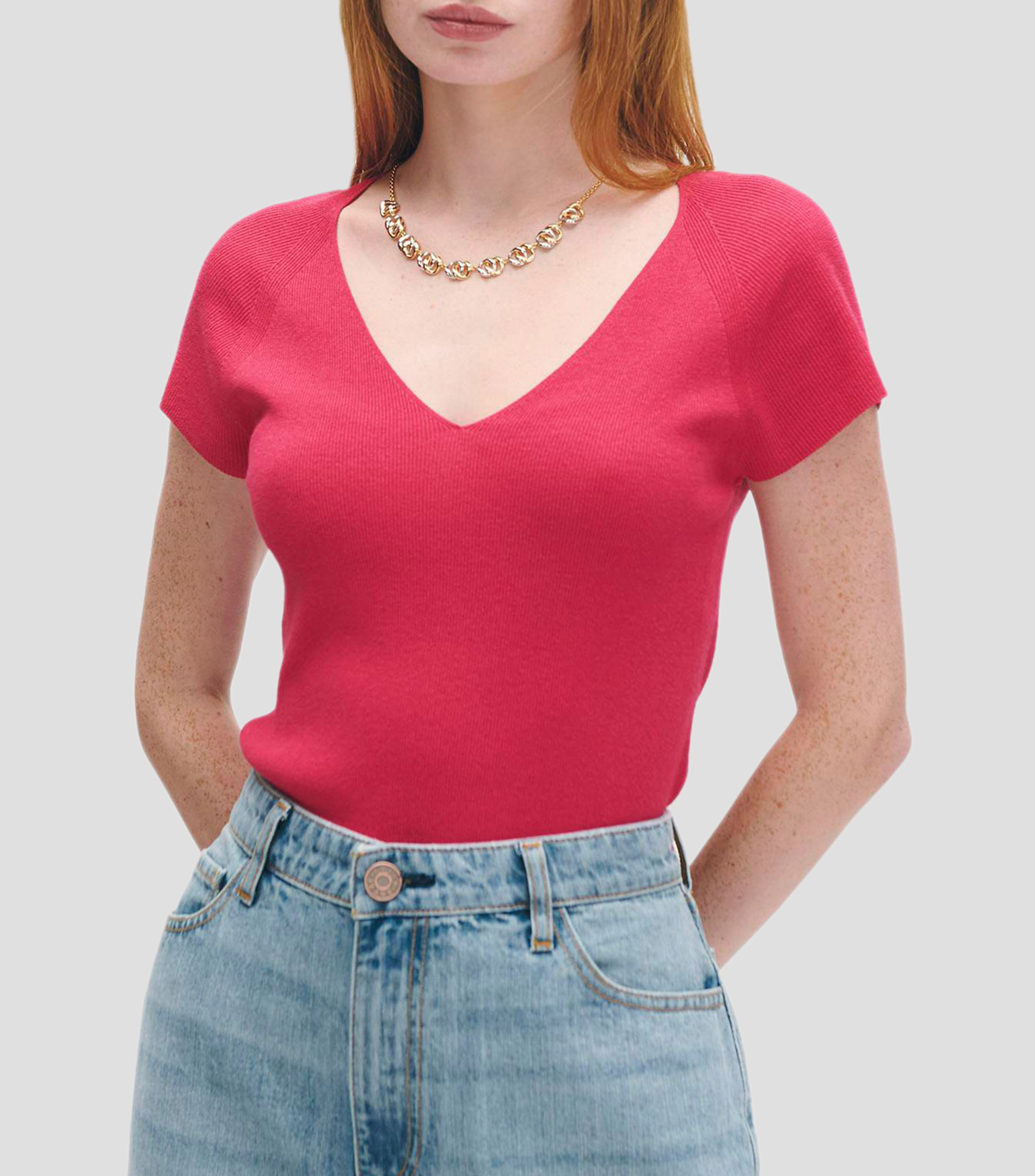 Blusa tejido de punto escote V manga corta ranglan en combinación Mujer