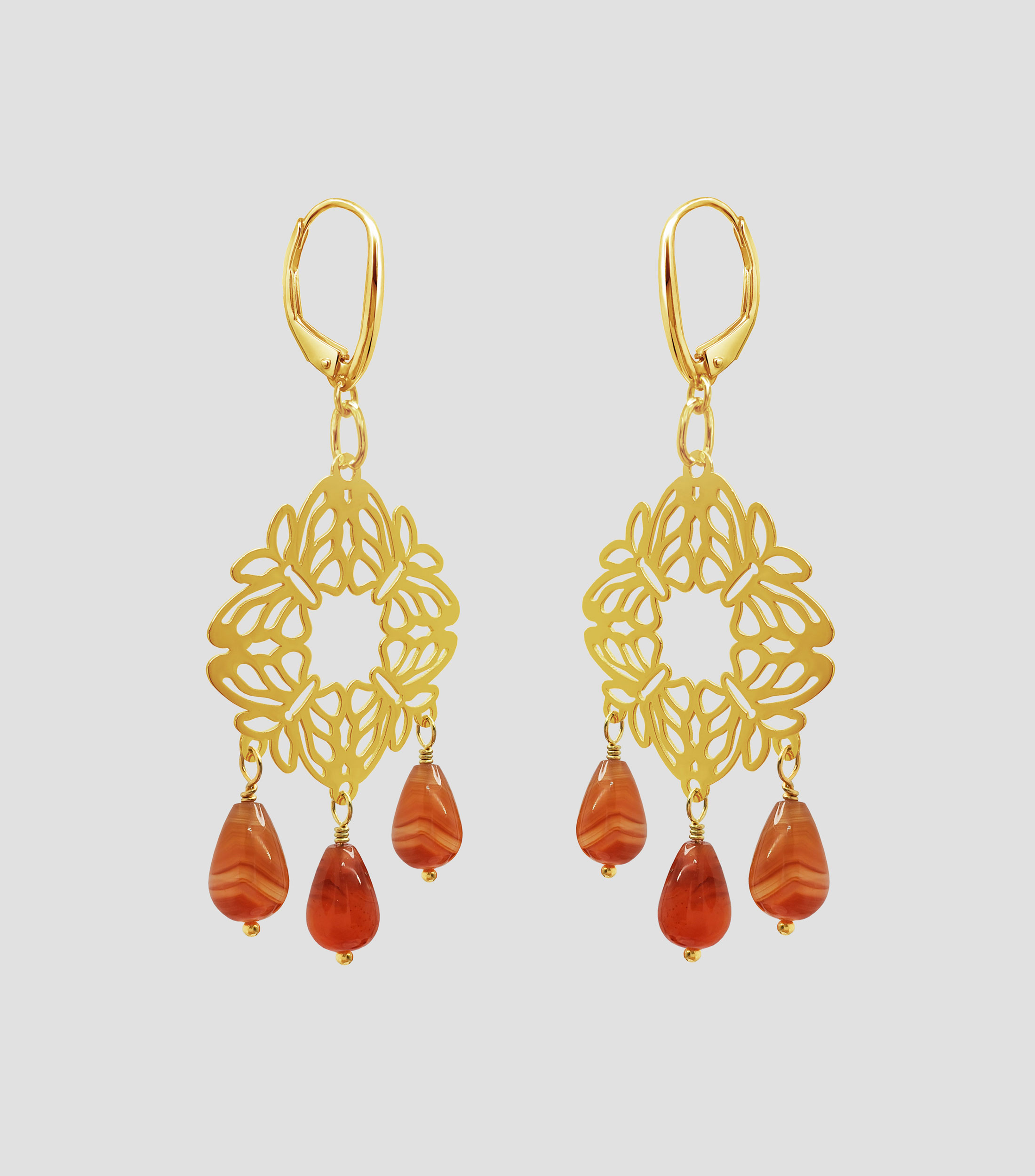 Aretes en Plata .925 con 4 Mariposas e Incrustación de 3 Cornalinas Mujer