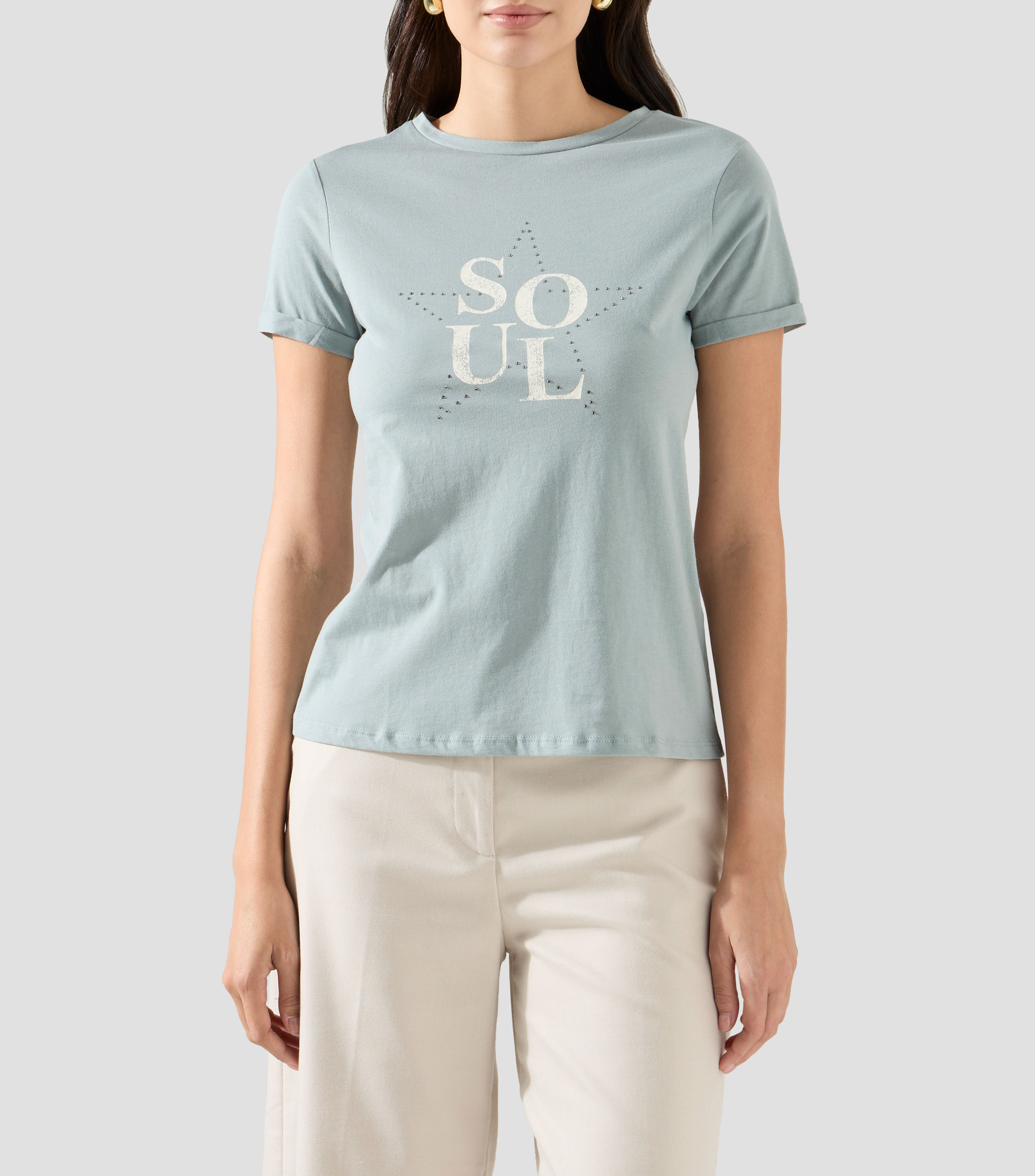 Playera de cuello redondo con manga corta estampada Mujer