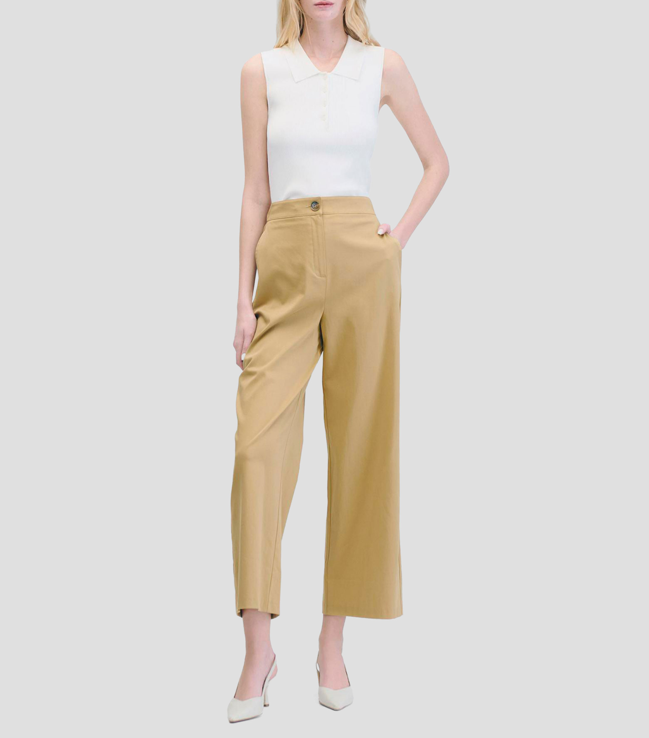 Pantalón wideleg tiro alto camel pretina enresortada Mujer