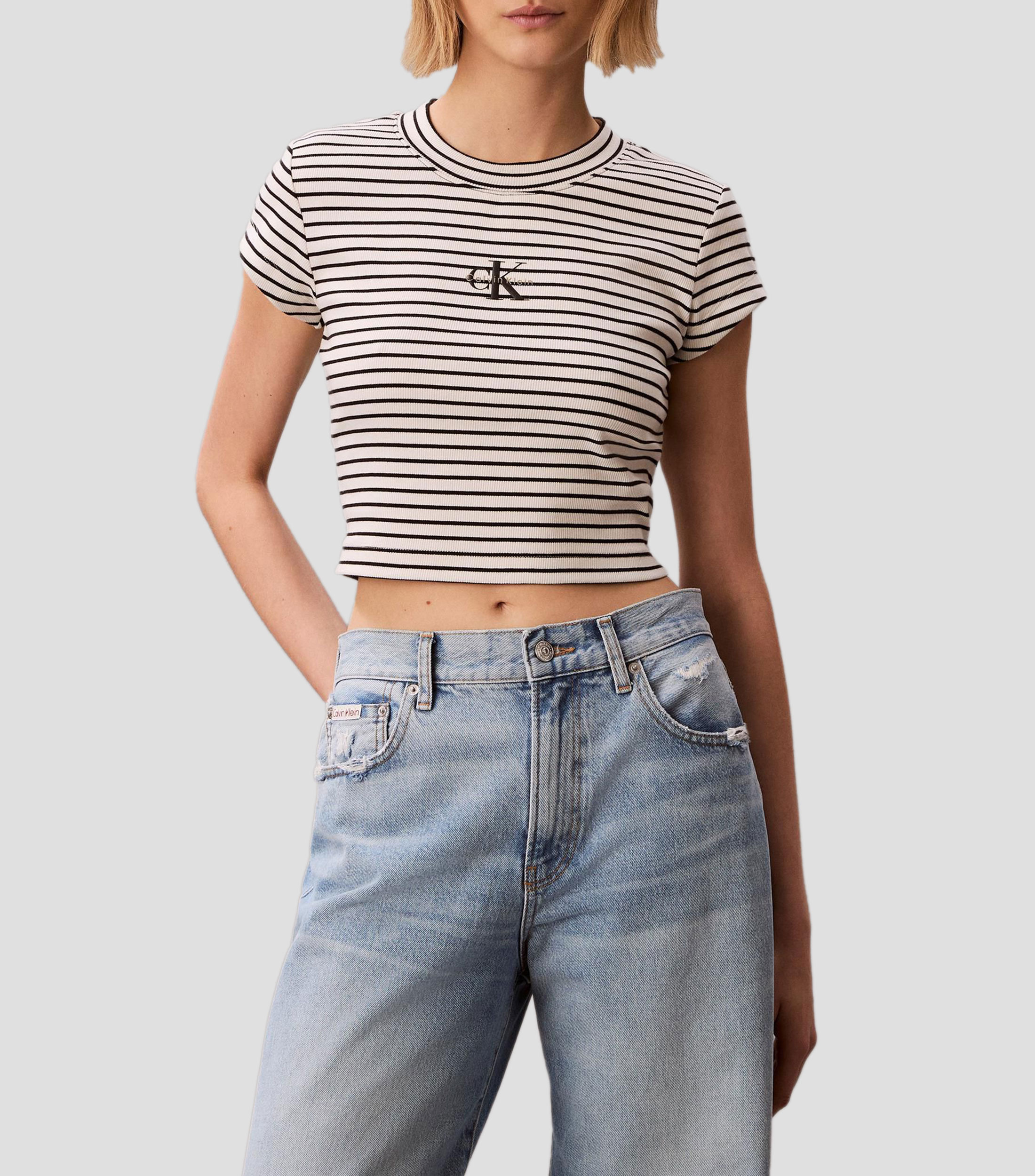 Playera cuello redondo manga corta con rayas Mujer