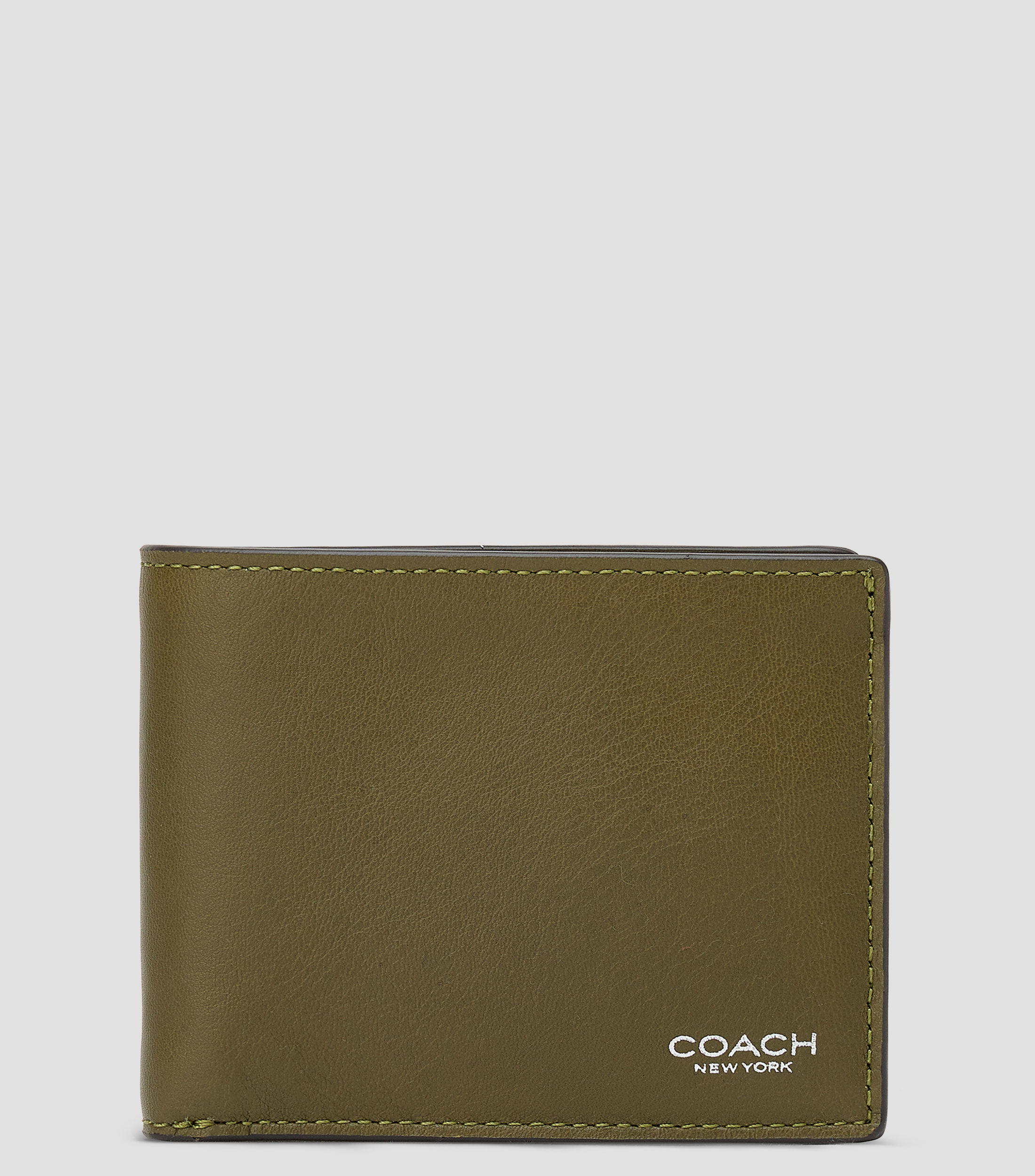 Cartera bifold en piel verde olivo lisa Hombre