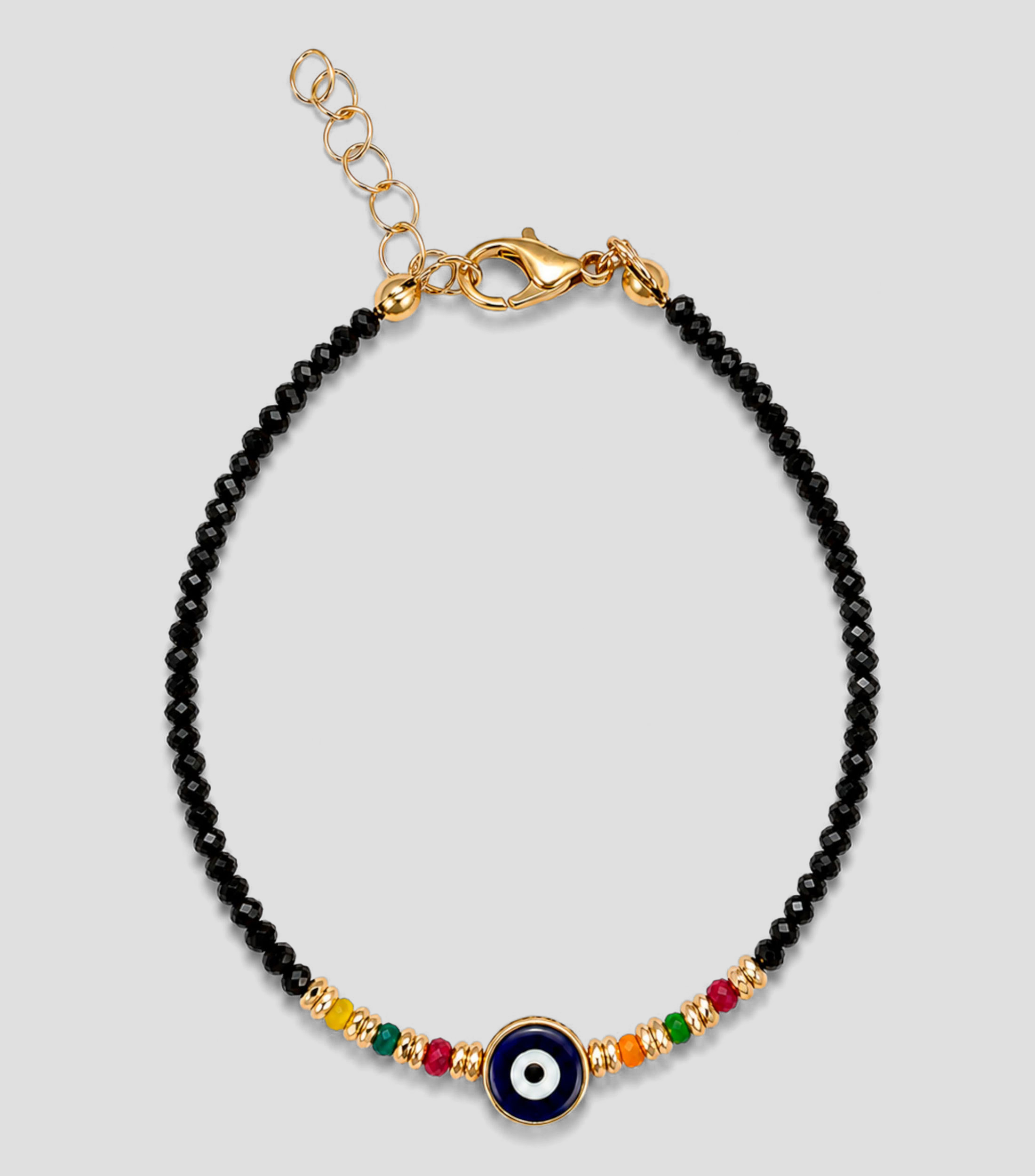Pulsera negra con cuentas facetadas y dije circular de ojo turco Mujer