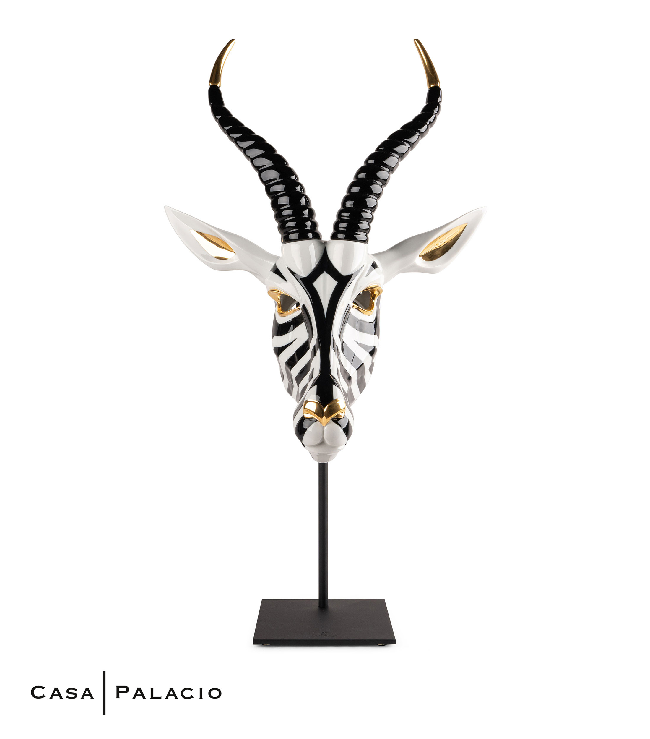 Escultura Mascara Antilope Negro Oro en porcelana