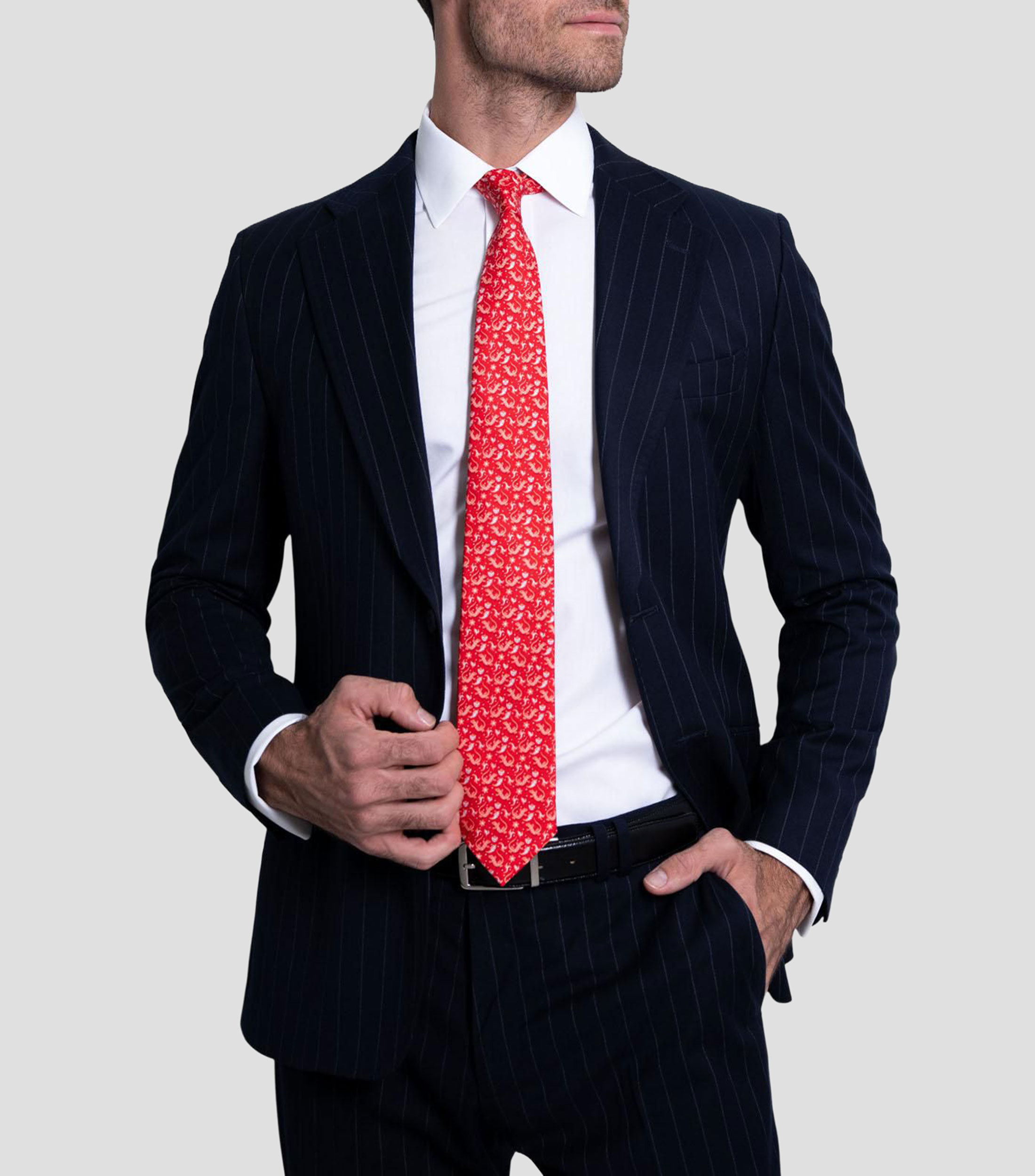 Corbata ancha de seda rojo estampado Iguana mexicana
