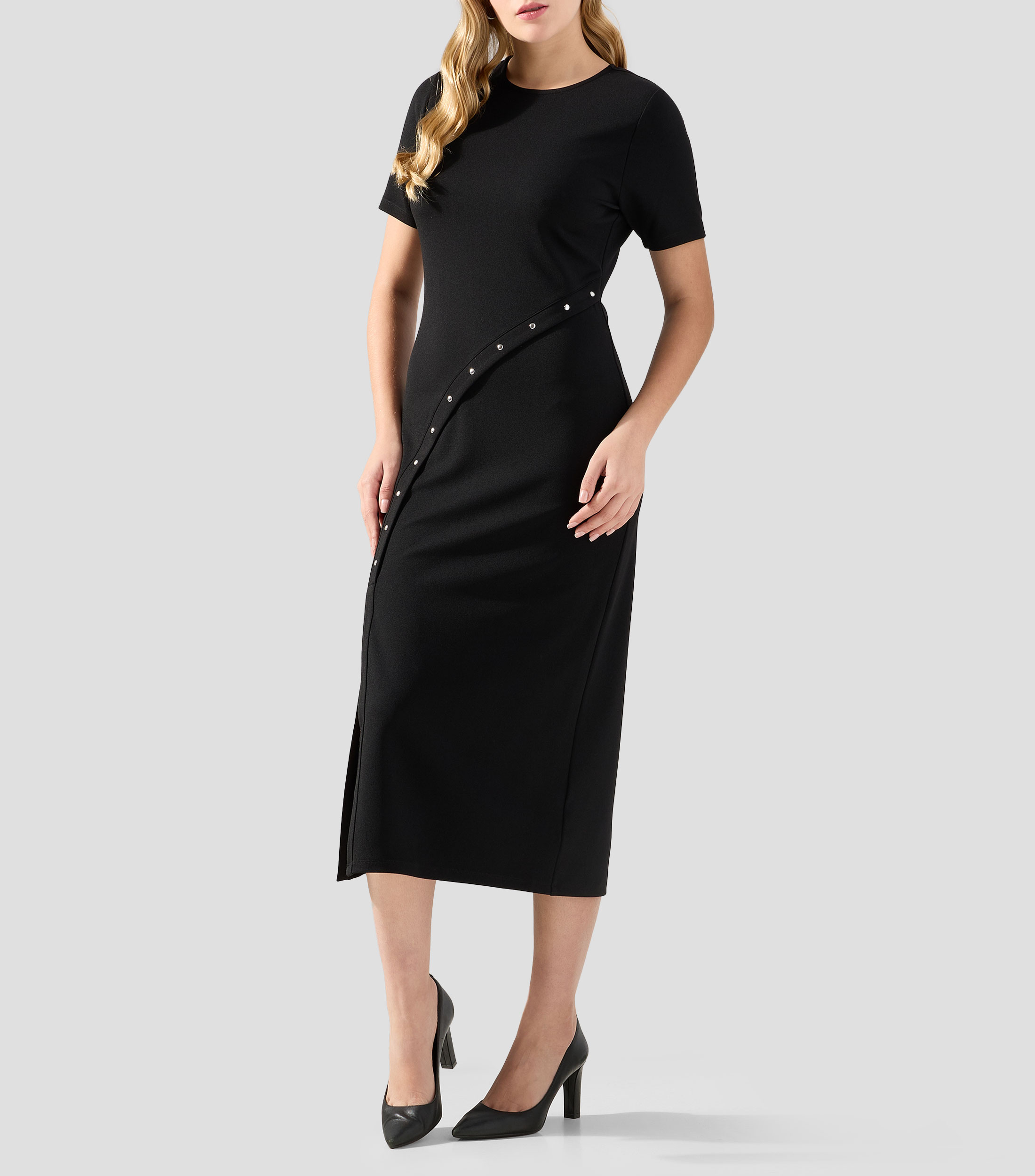 Vestido midi manga corta liso Mujer