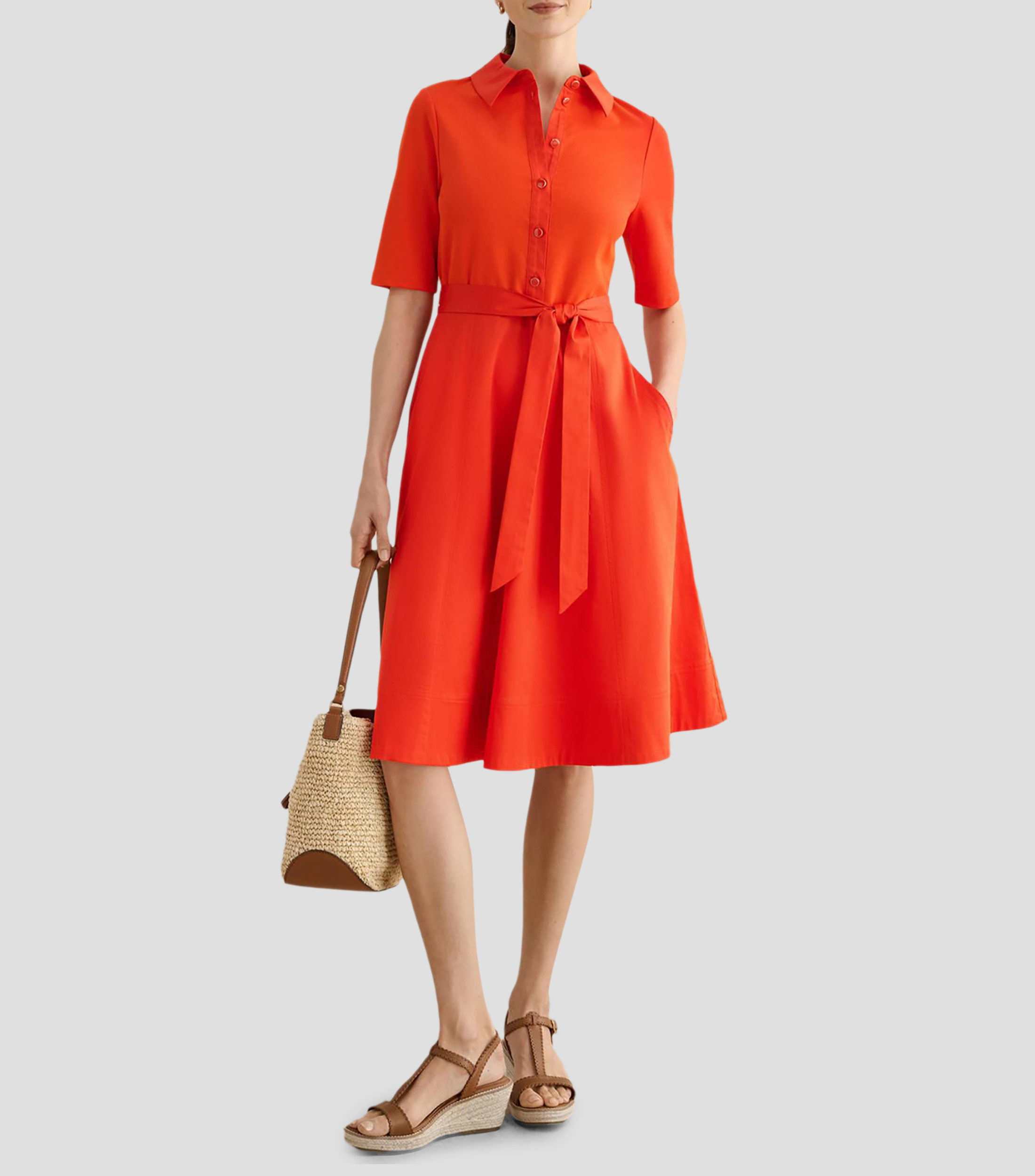 Vestido midi manga corta liso Mujer