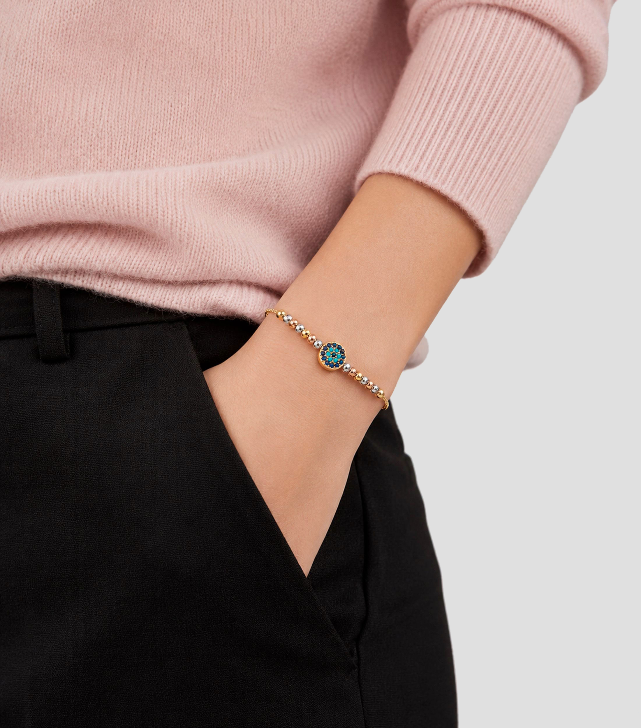 Pulsera tricolor con dije circular de ojo turco Mujer