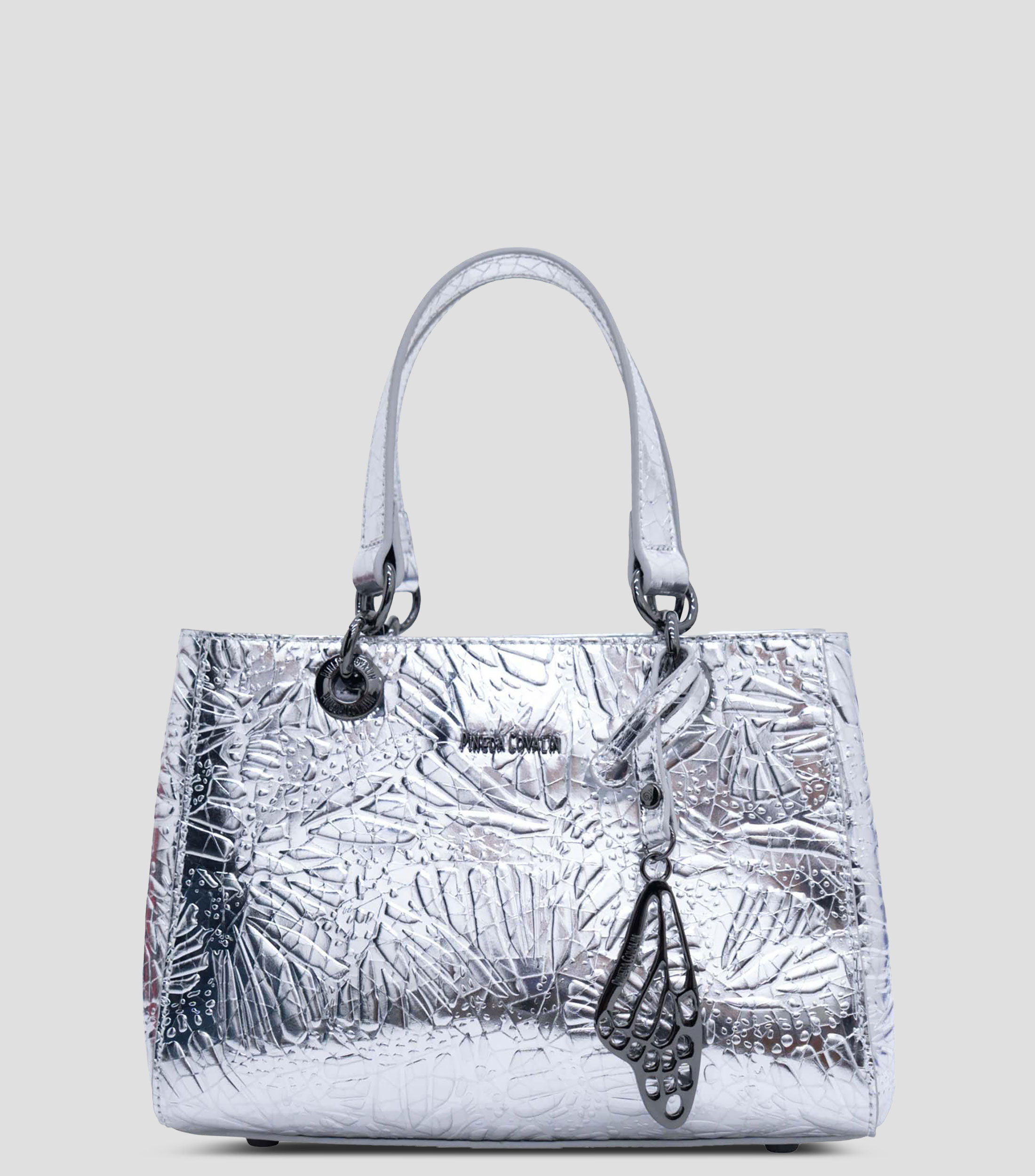 Bolsa Satchel en piel con grabado de mariposa Mujer