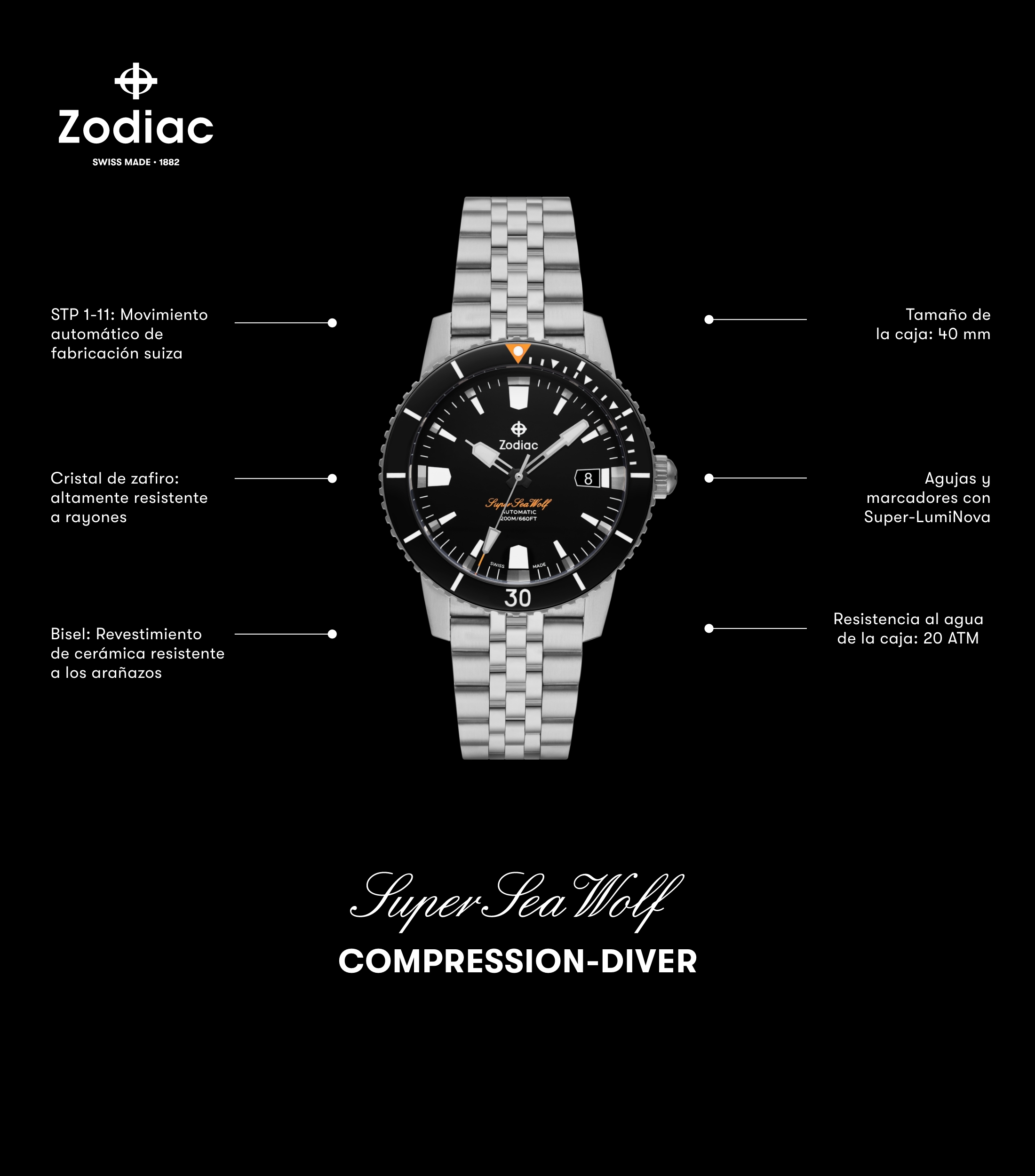 Reloj para Hombre Super Sea Wolf Casual Plateado, Negro