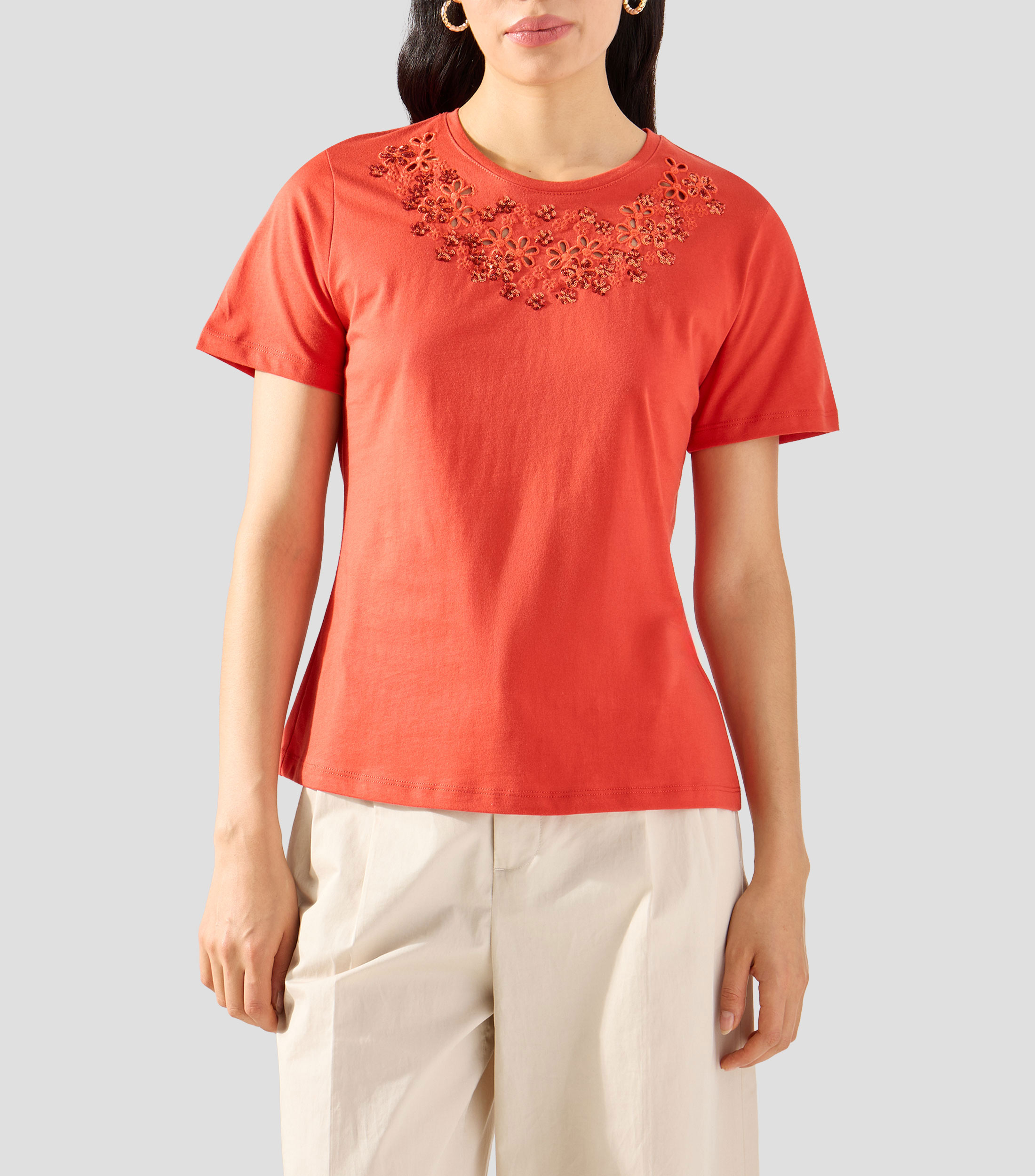 Playera cuello redondo manga corta sólida Mujer