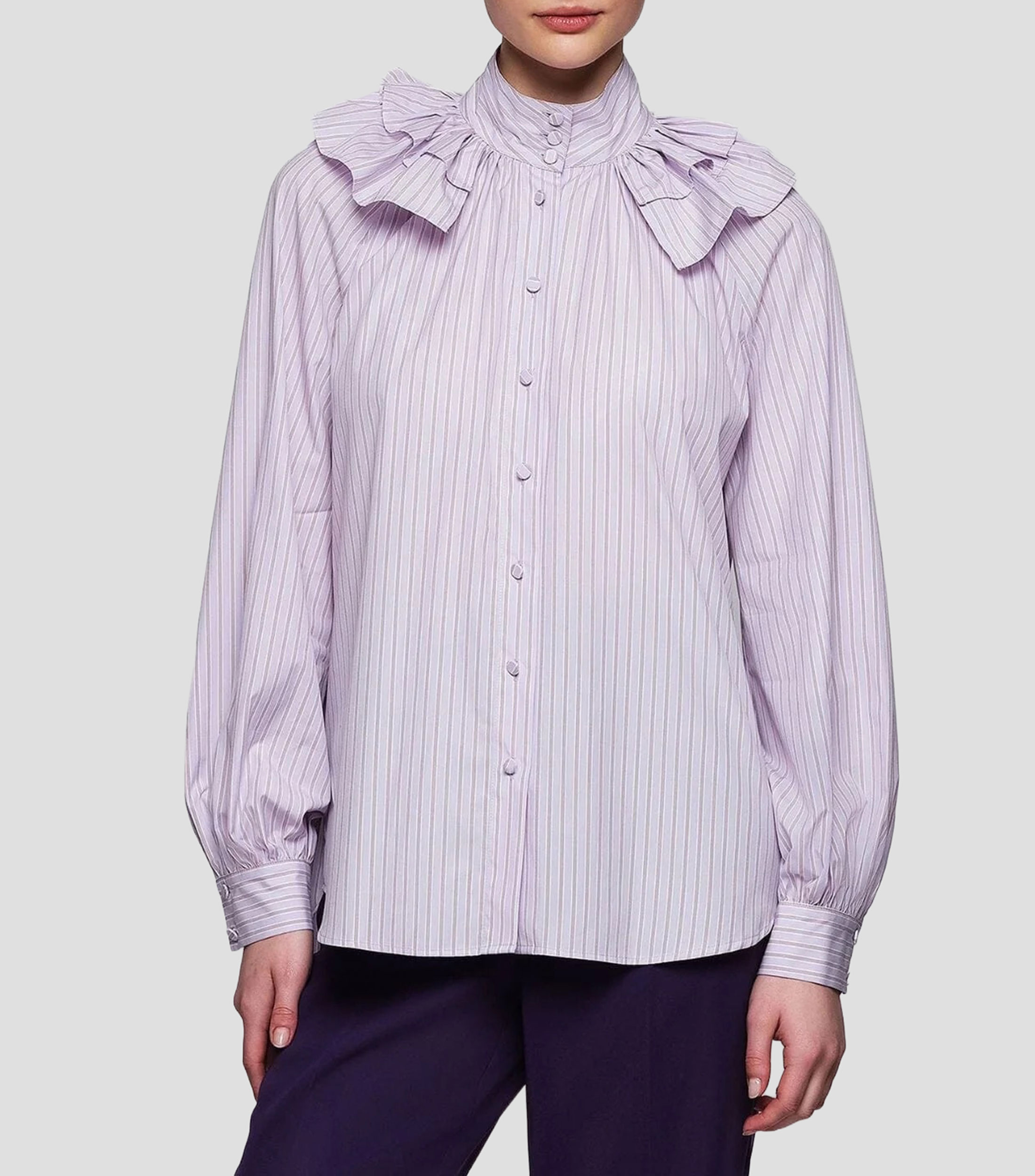 Camisa de rayas con cuello mao y manga larga Mujer