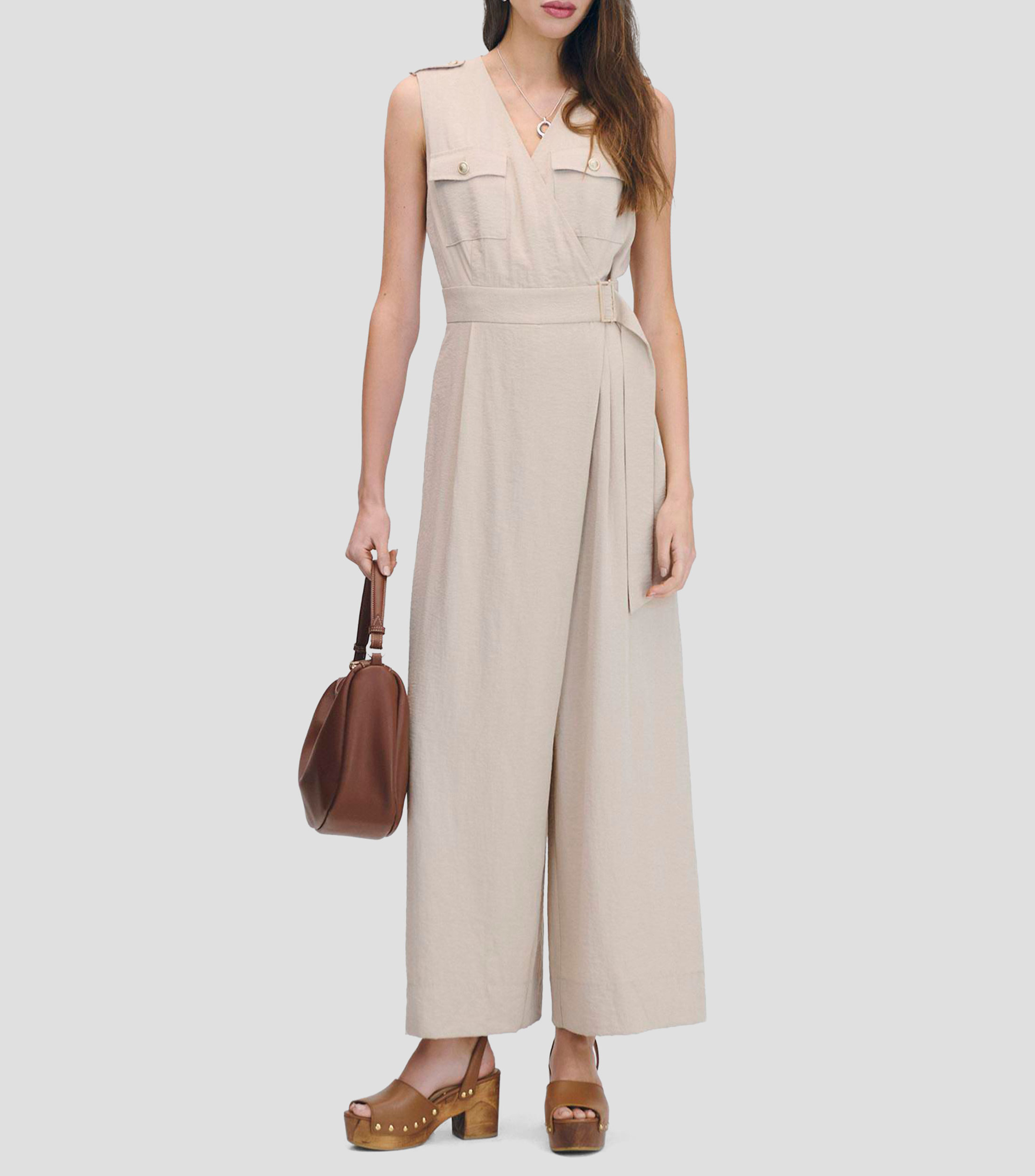 Jumpsuit Palazzo De Lino Cruzado Pinzas Y Charreteras Mujer