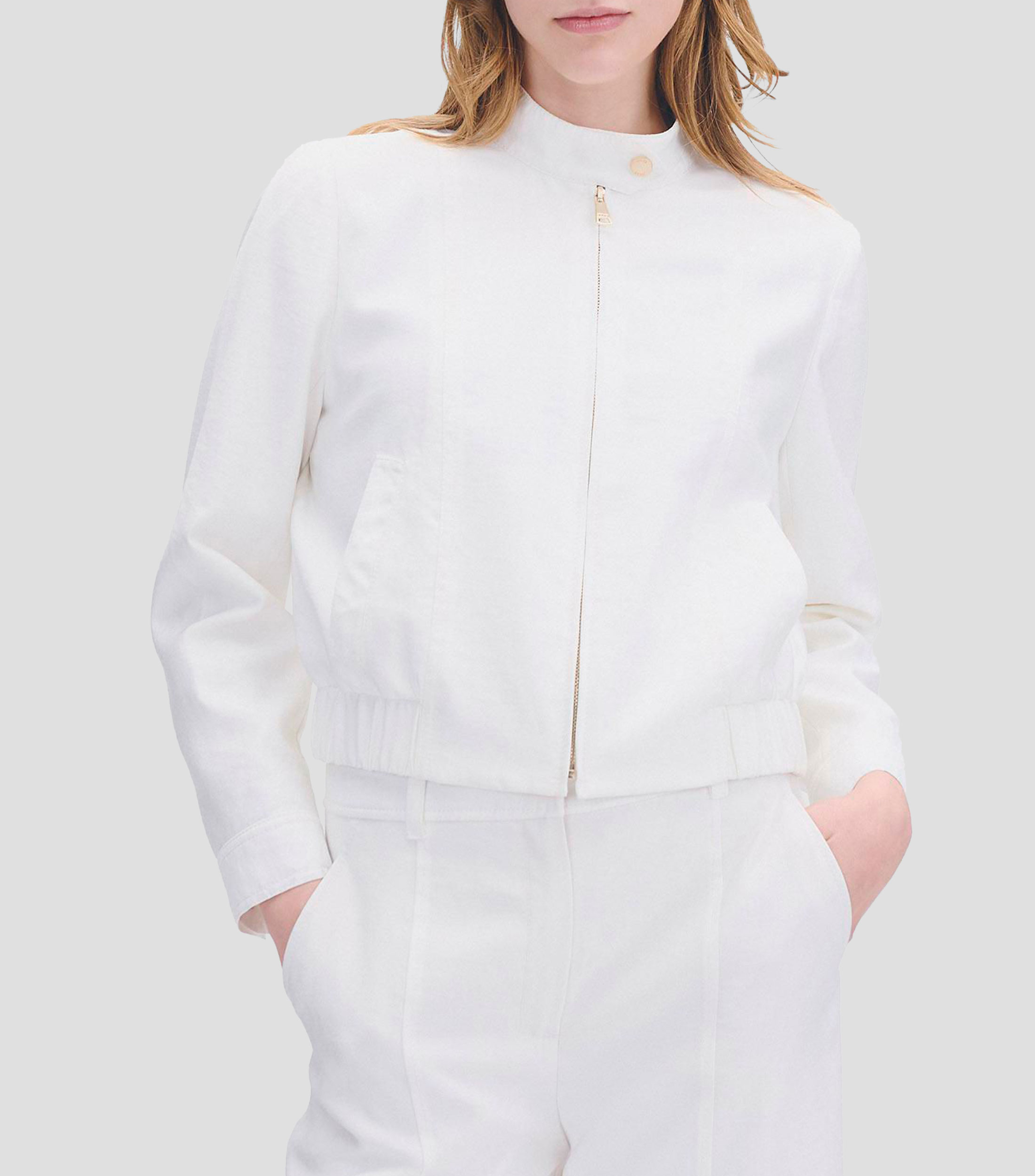 Chamarra Bomber Corta Blanca Cuello Alto Mujer