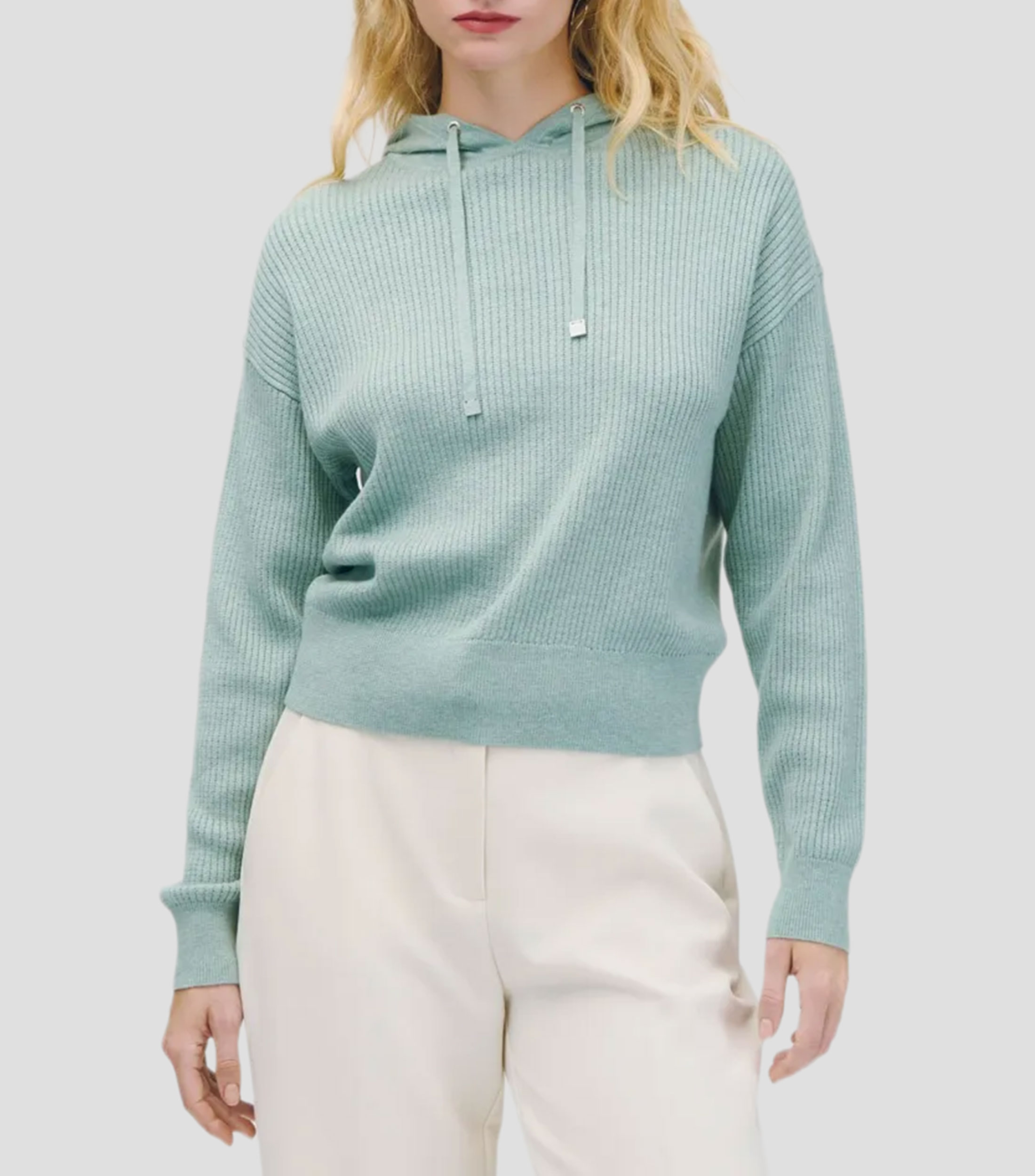 Suéter tejido de punto canalé tipo sudadera verde musgo Mujer