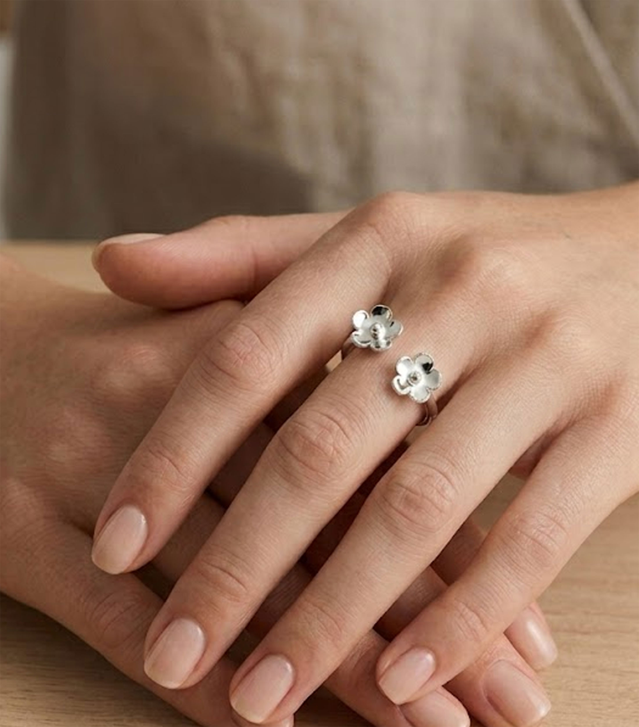 Anillo abierto en Plata .925 Dos Flores chico Mujer Talla 5-6