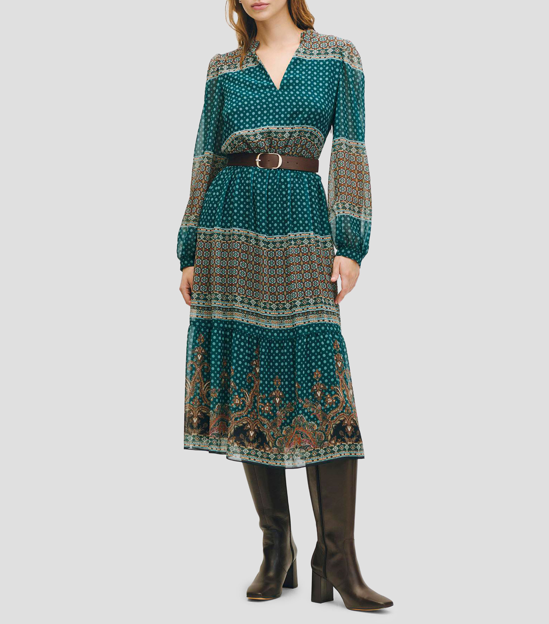 Vestido imperio de chiffon con hombros descubiertos y bolsillos Azul Pizarra Tallas Grandes