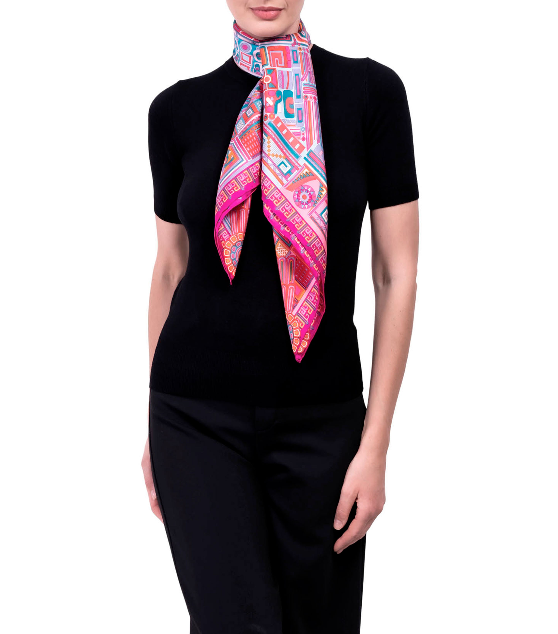 Mascada de seda rosa con decorado prehispánico Mujer