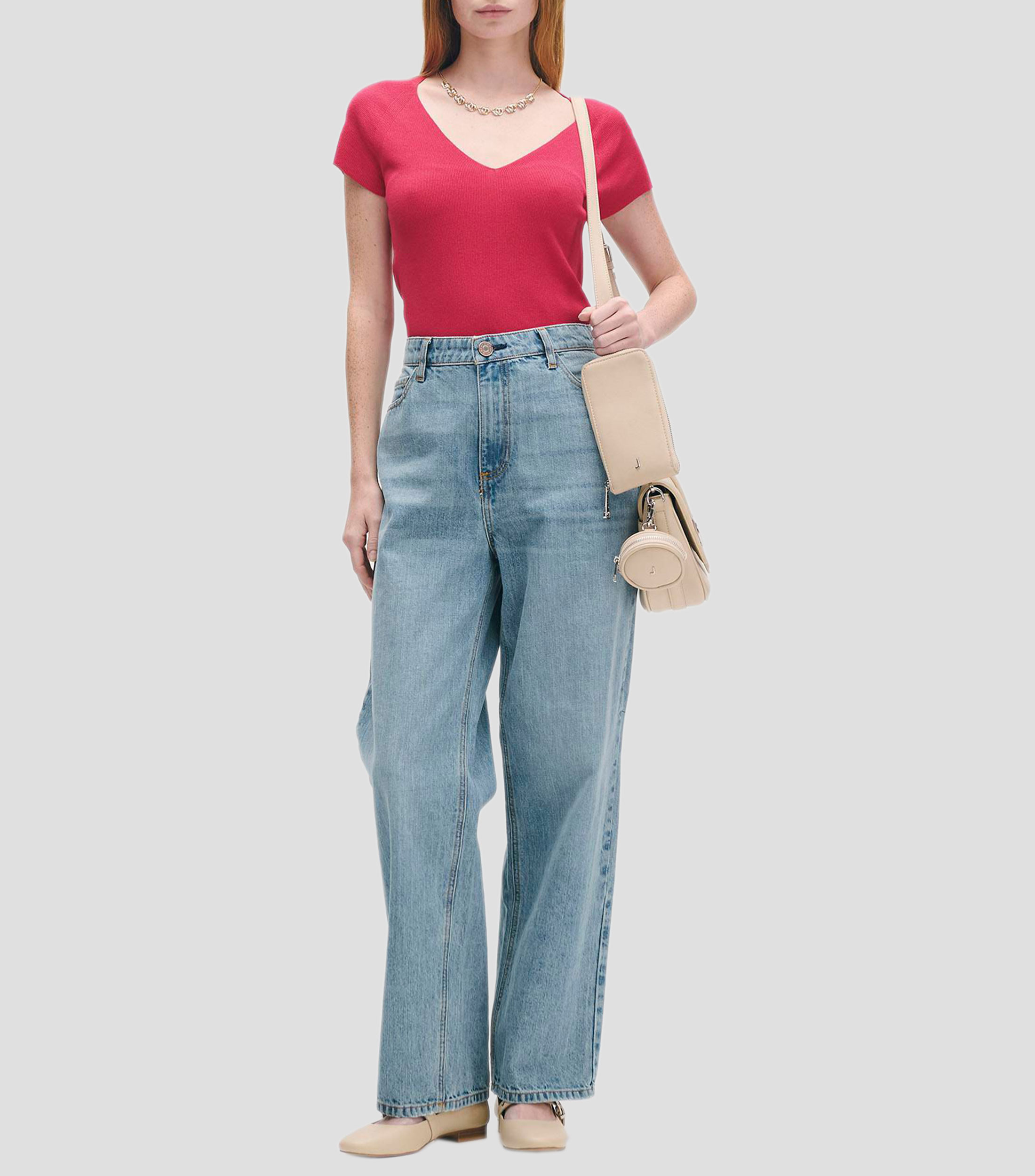 Blusa tejido de punto escote V manga corta ranglan en combinación Mujer