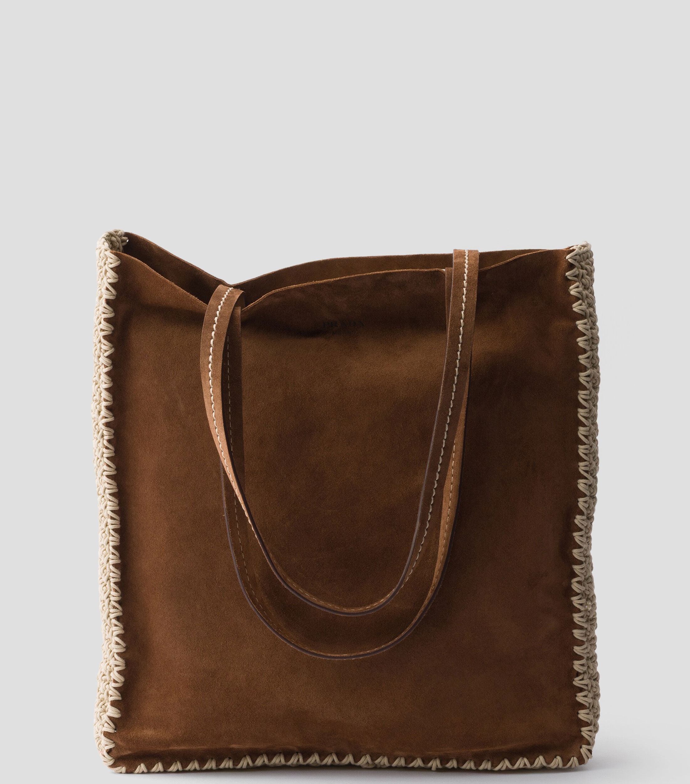 Bolsa Tote Café en Piel con Detalles de Croché, Mujer