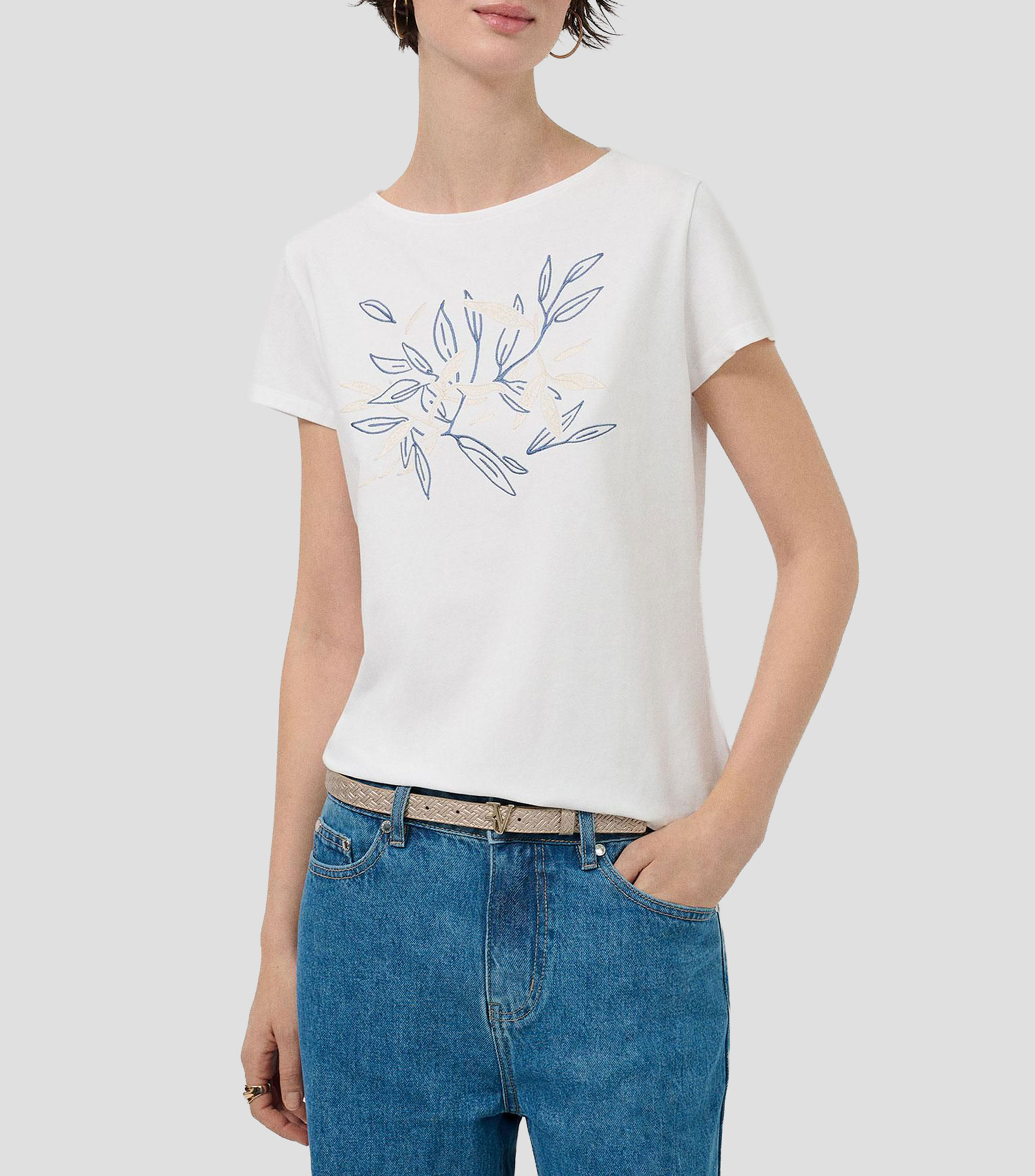 Playera cuello barco manga corta con microdiseños Mujer