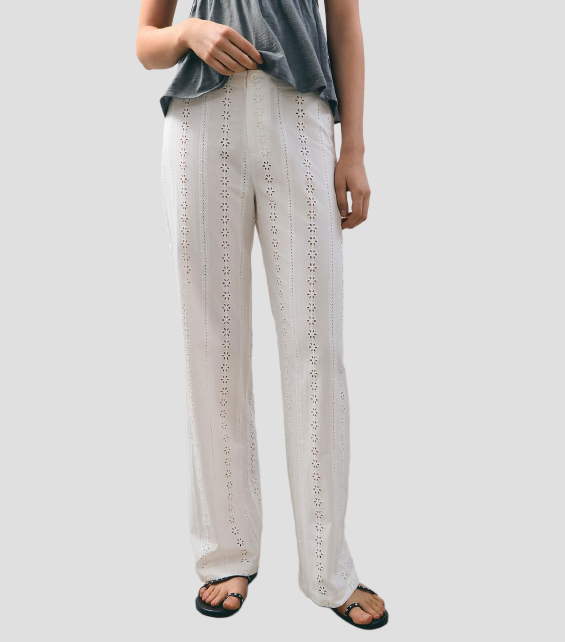 Pantalón recto bordado suizo Mujer