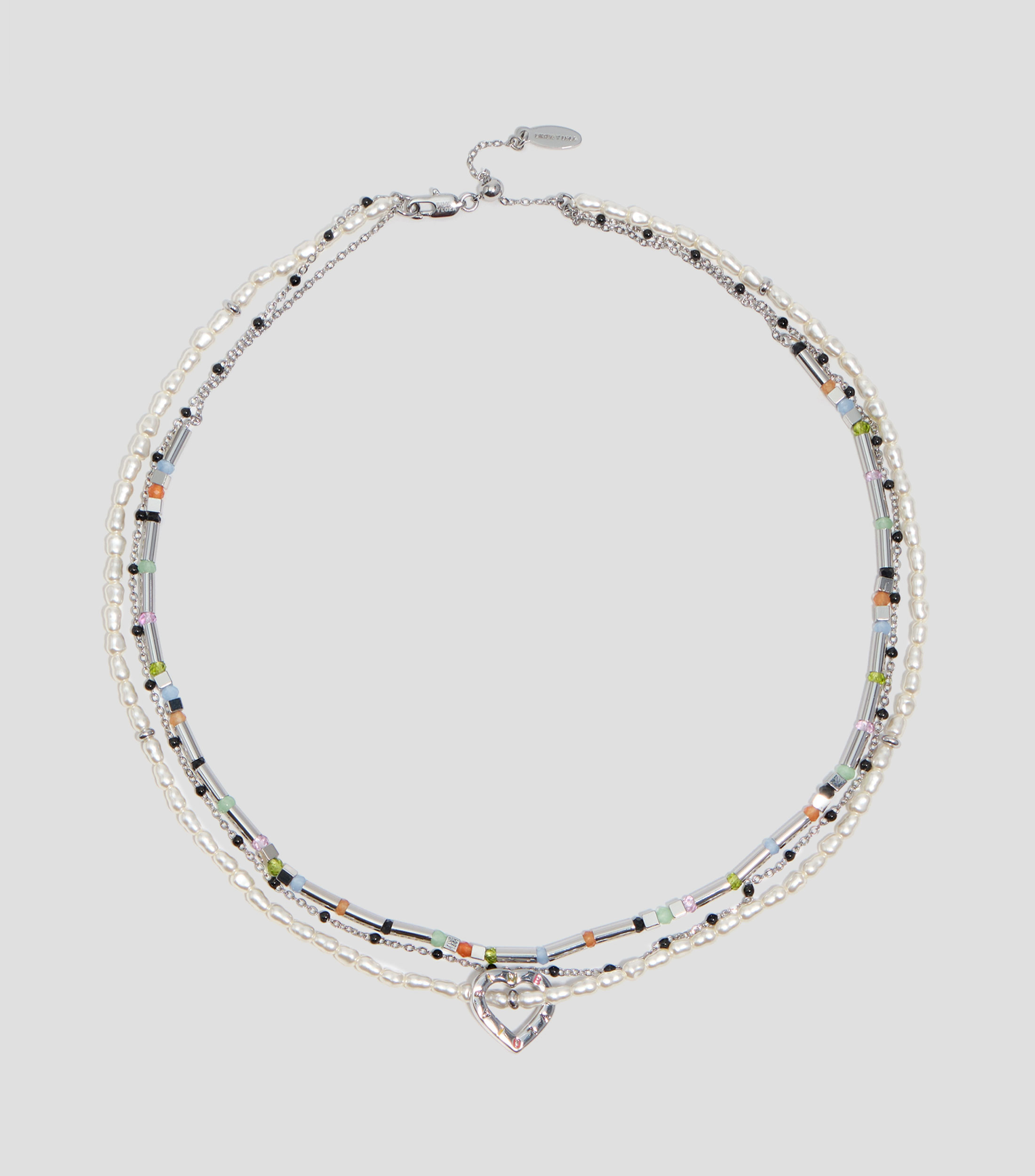Collar triple cadena y perlas logo corazón plateado Mujer