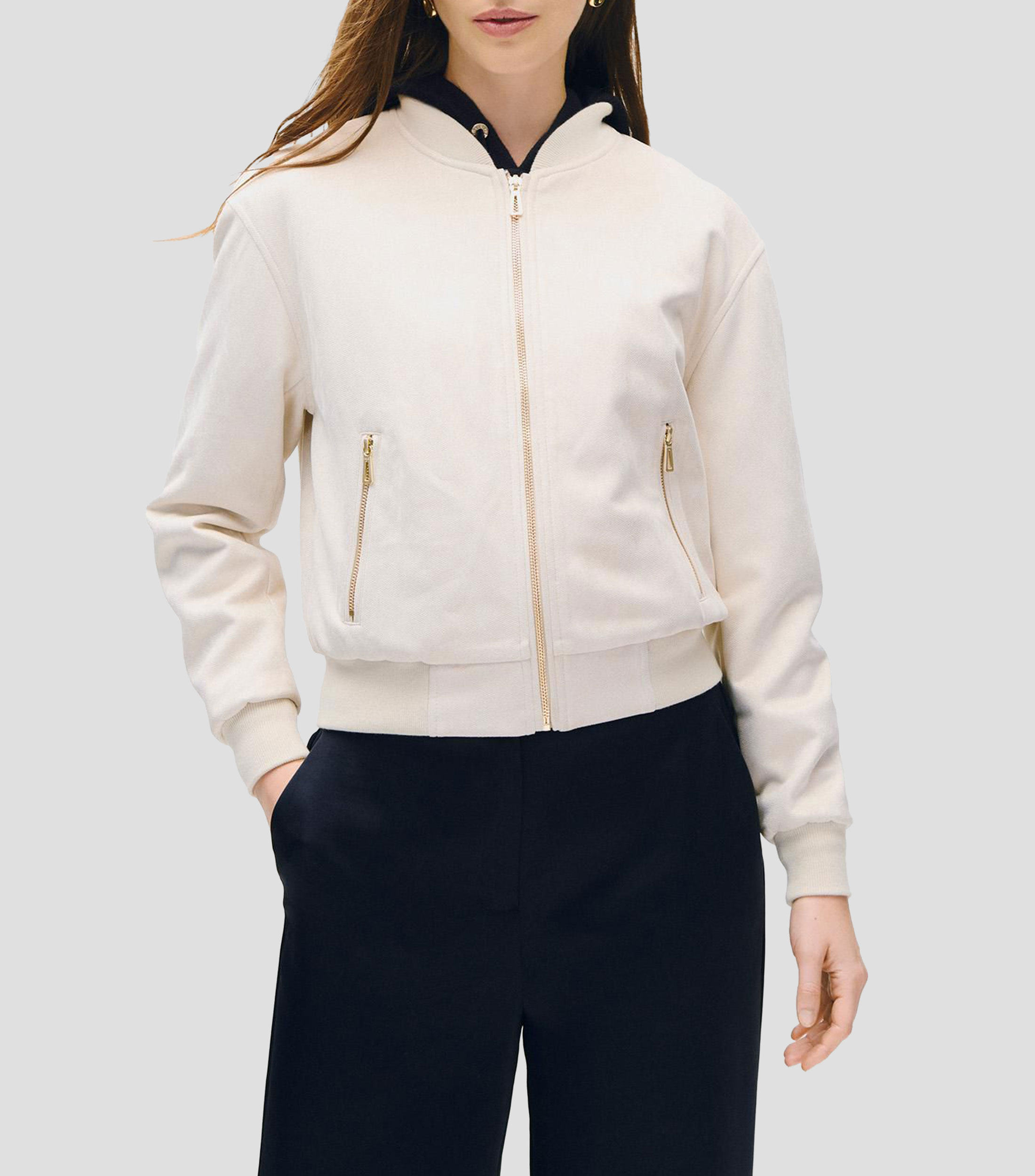 Chamarra bomber off white de ante con lúrex oro Mujer