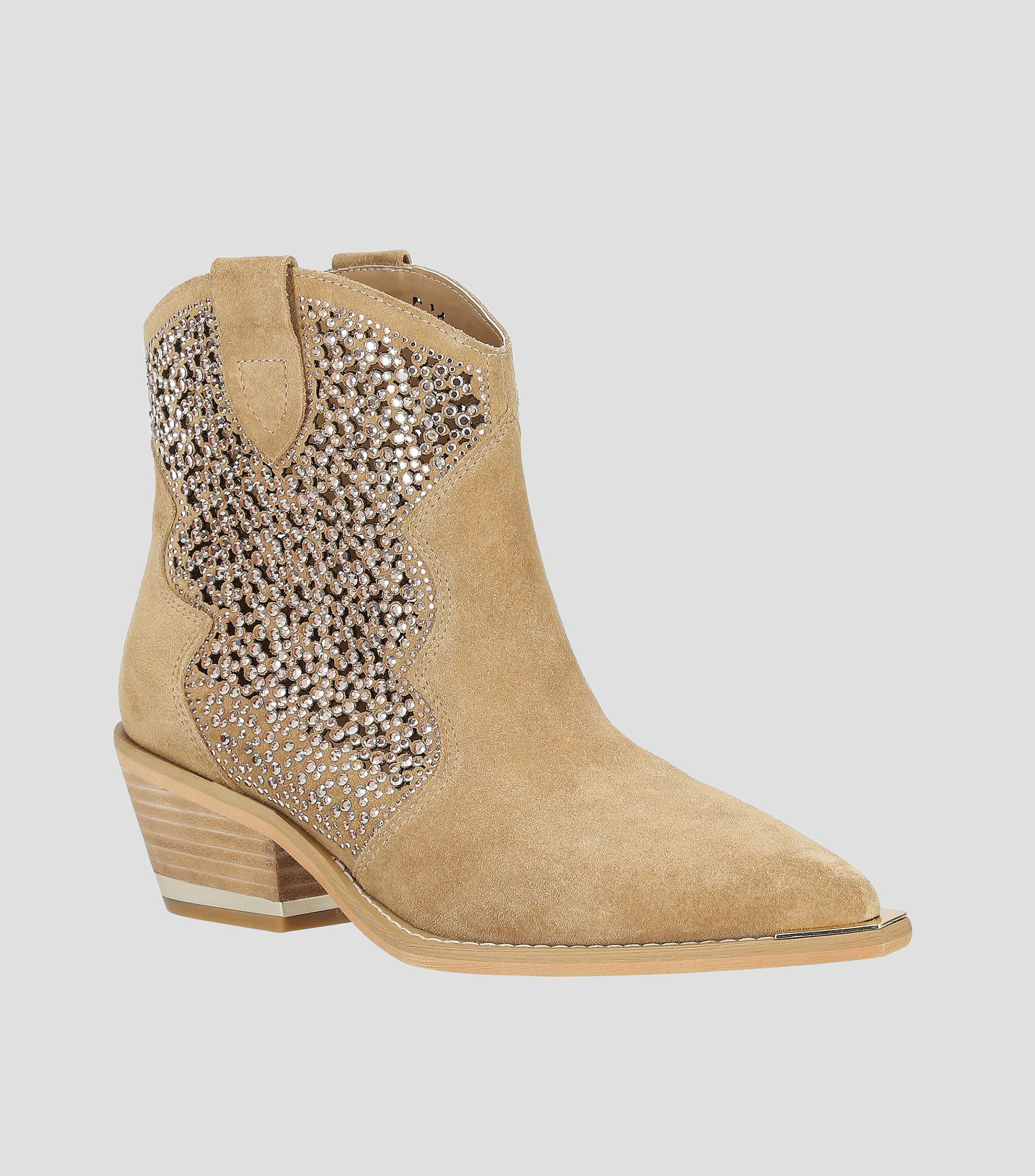Botines vaqueros de gamuza con tacon medio ancho y pedreria Mujer