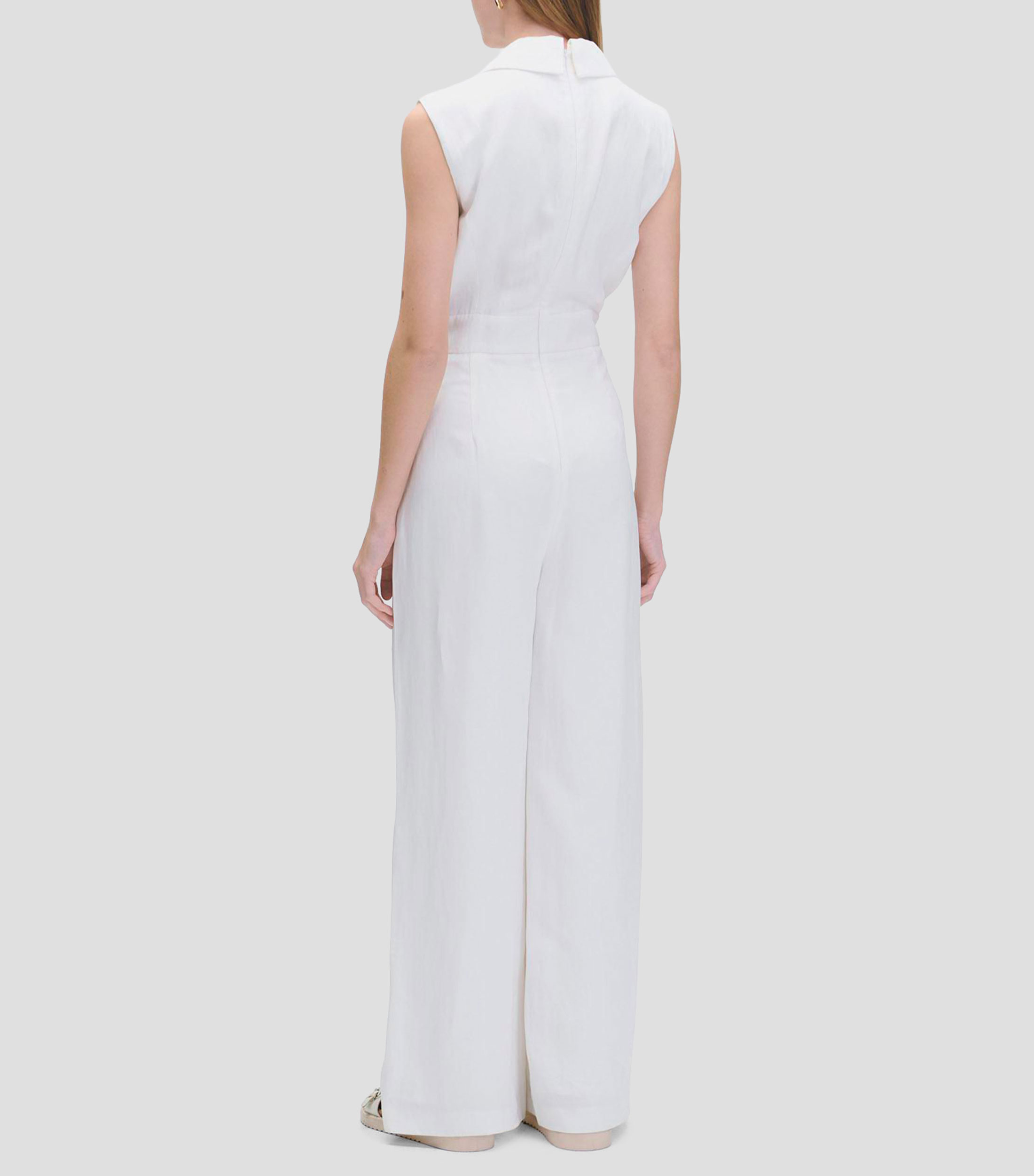 Jumpsuit palazzo blanco de lino cruce con solapa de pico y amarre en cintura Mujer