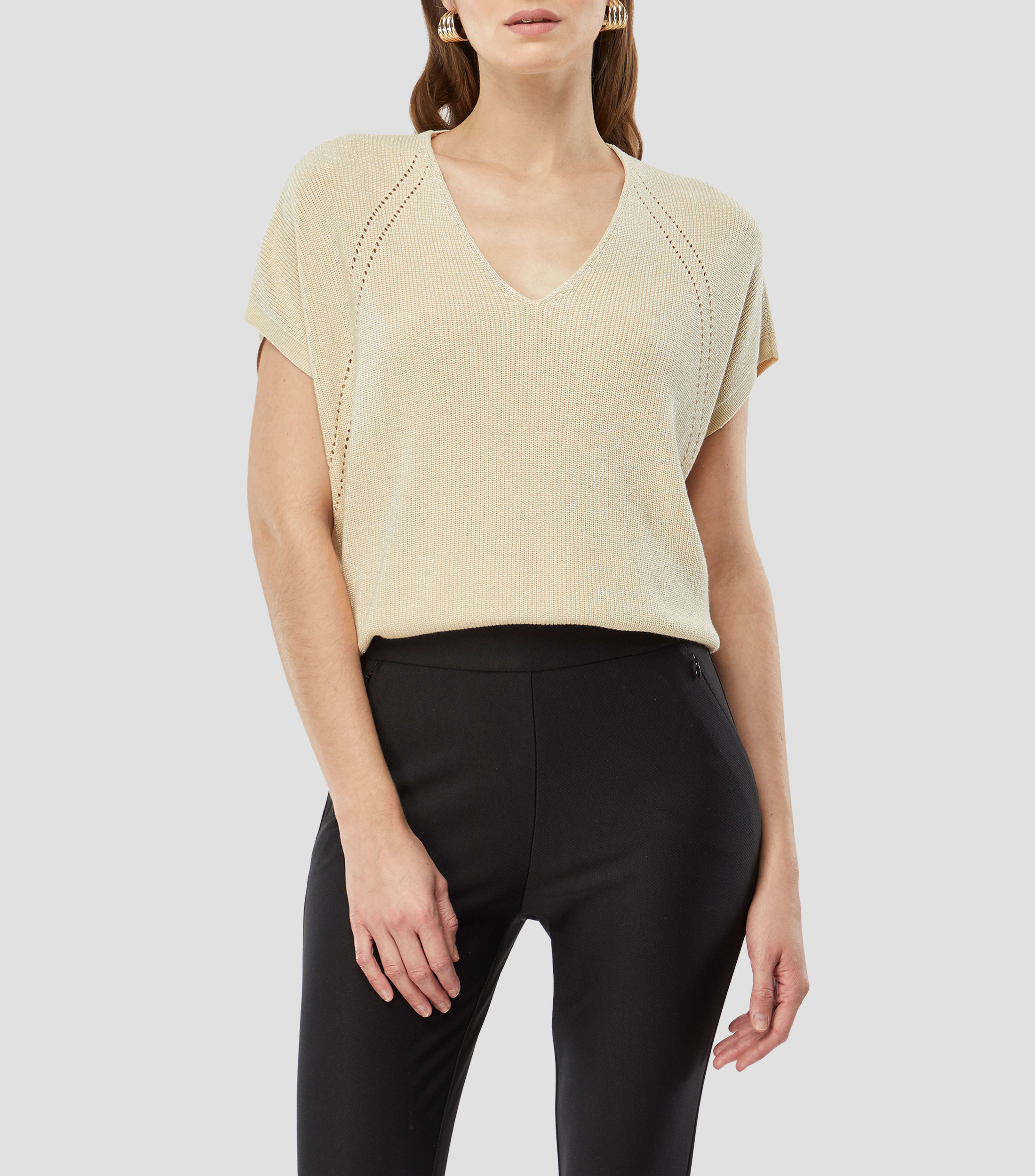 Chaleco Tejido Combinado Champagne Con Lúrex Manga Dolman Mujer