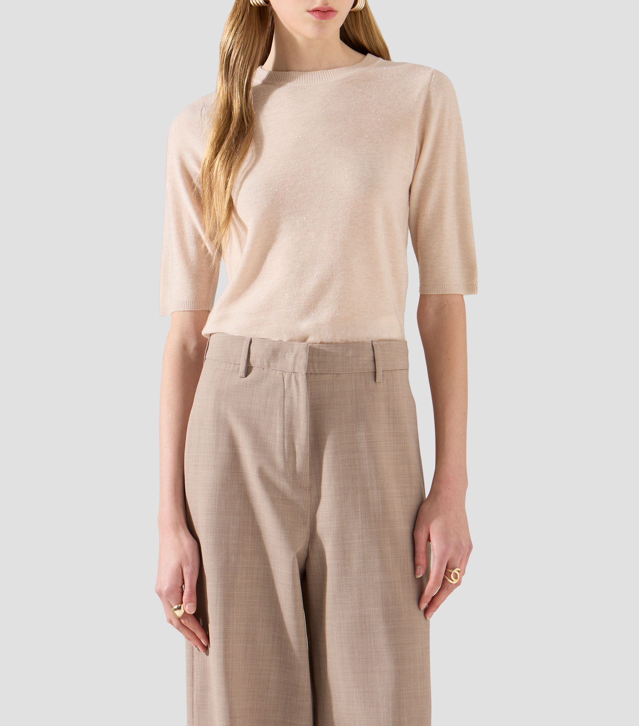Blusa cuello redondo manga corta lisa Mujer