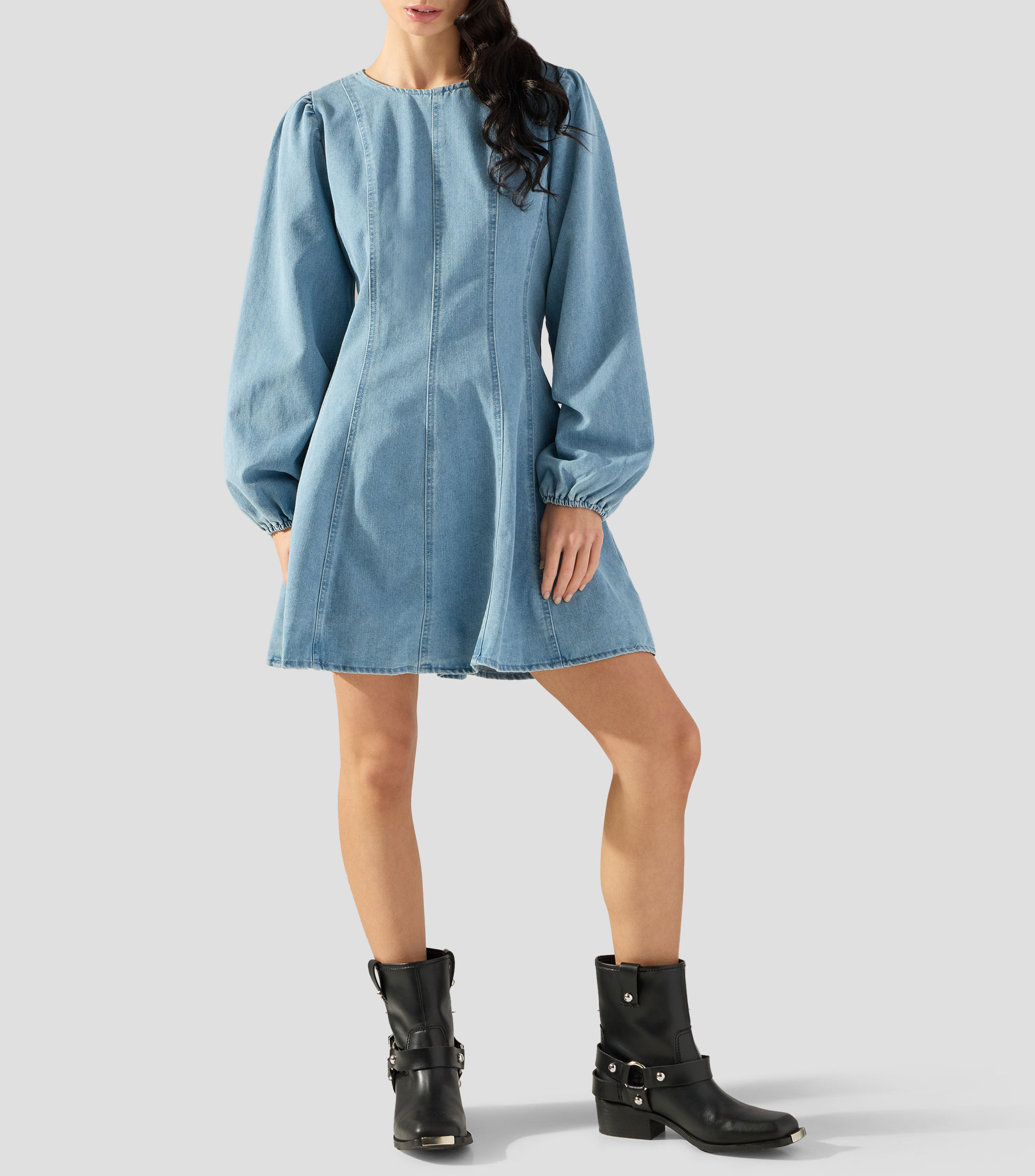 Vestido corto manga larga liso Mujer