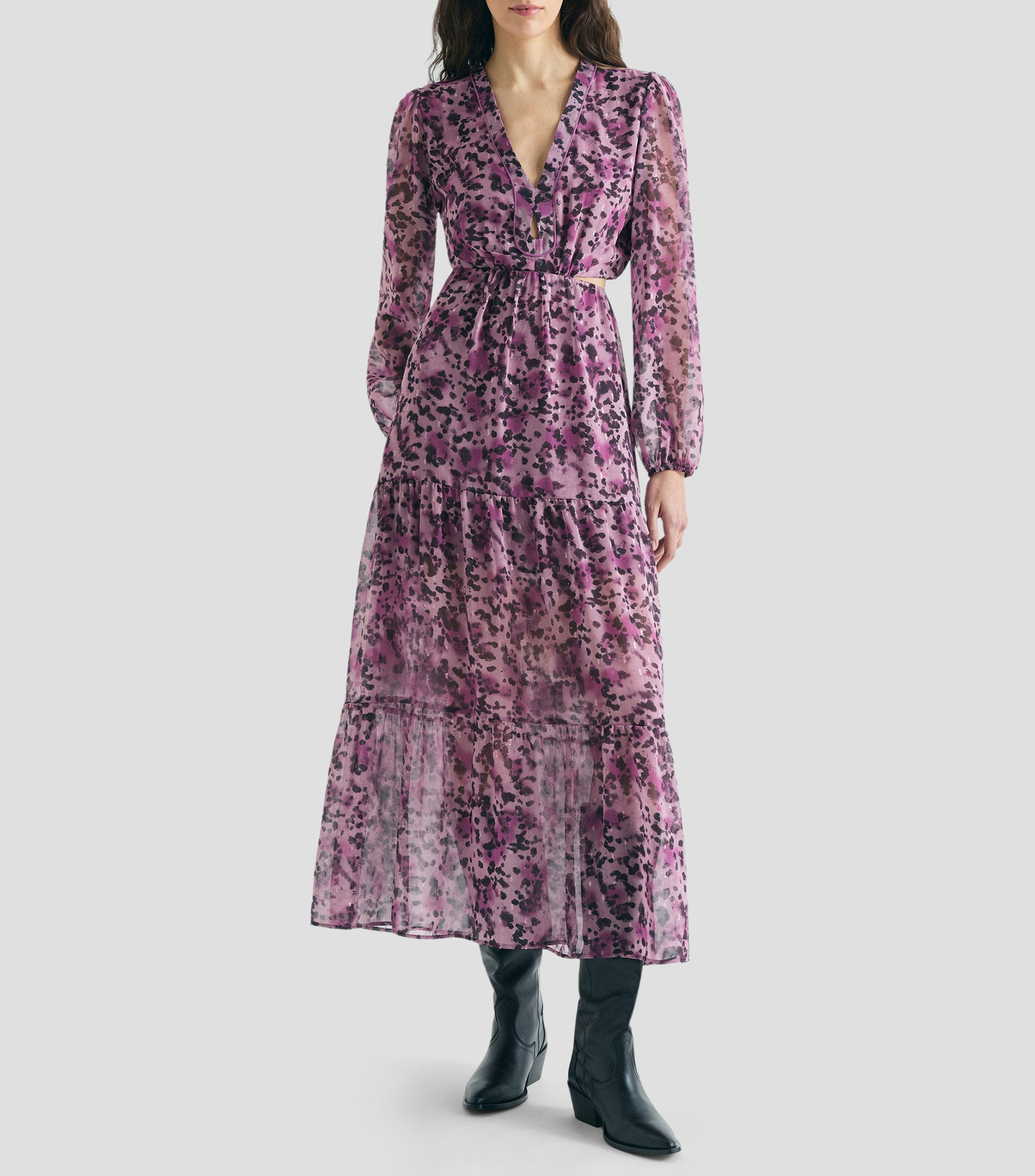 Vestido midi de manga larga estampado Mujer