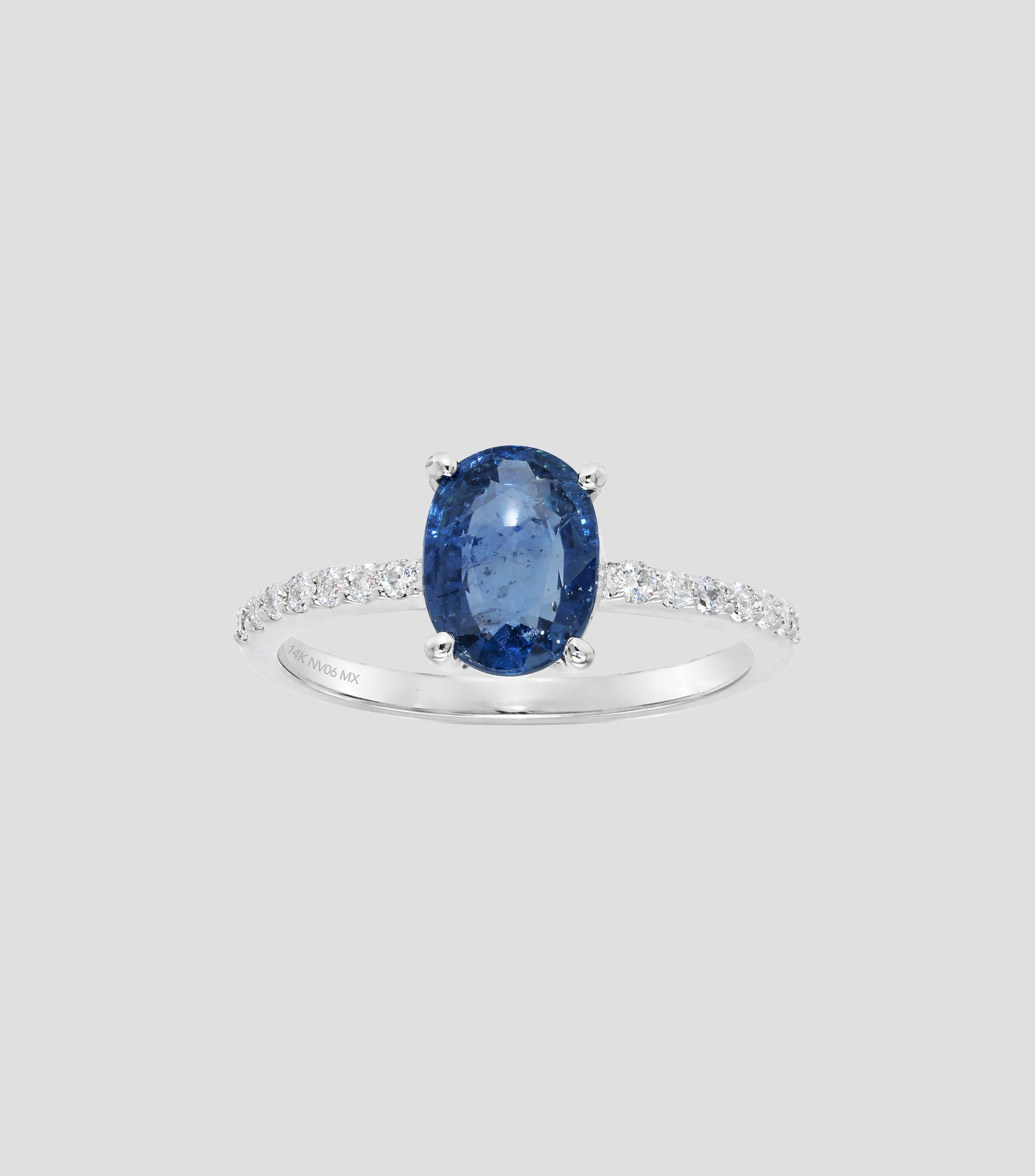 Anillo solitario en oro blanco de 14 kilates con zafiro y diamantes Mujer