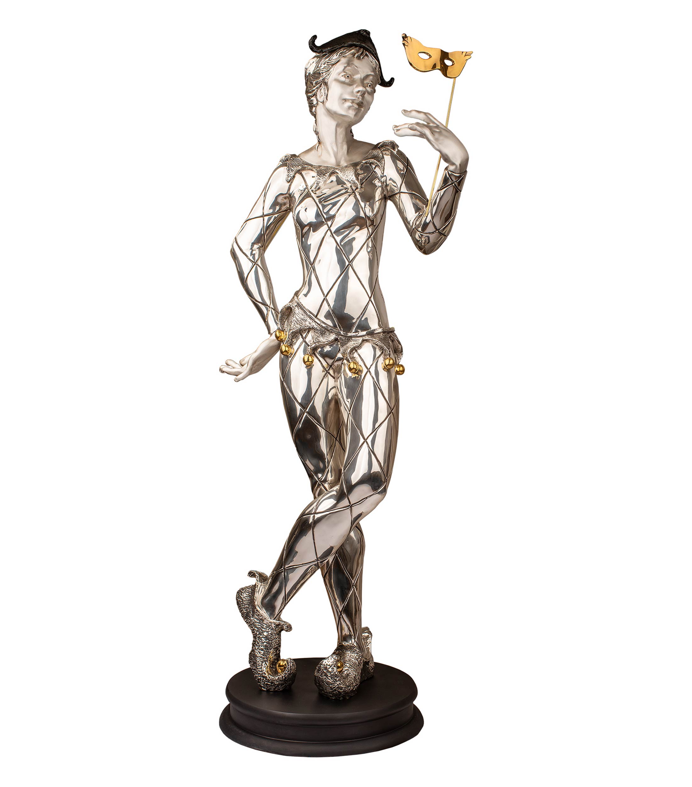 Escultura de Colombina acabado plata con detalles en oro