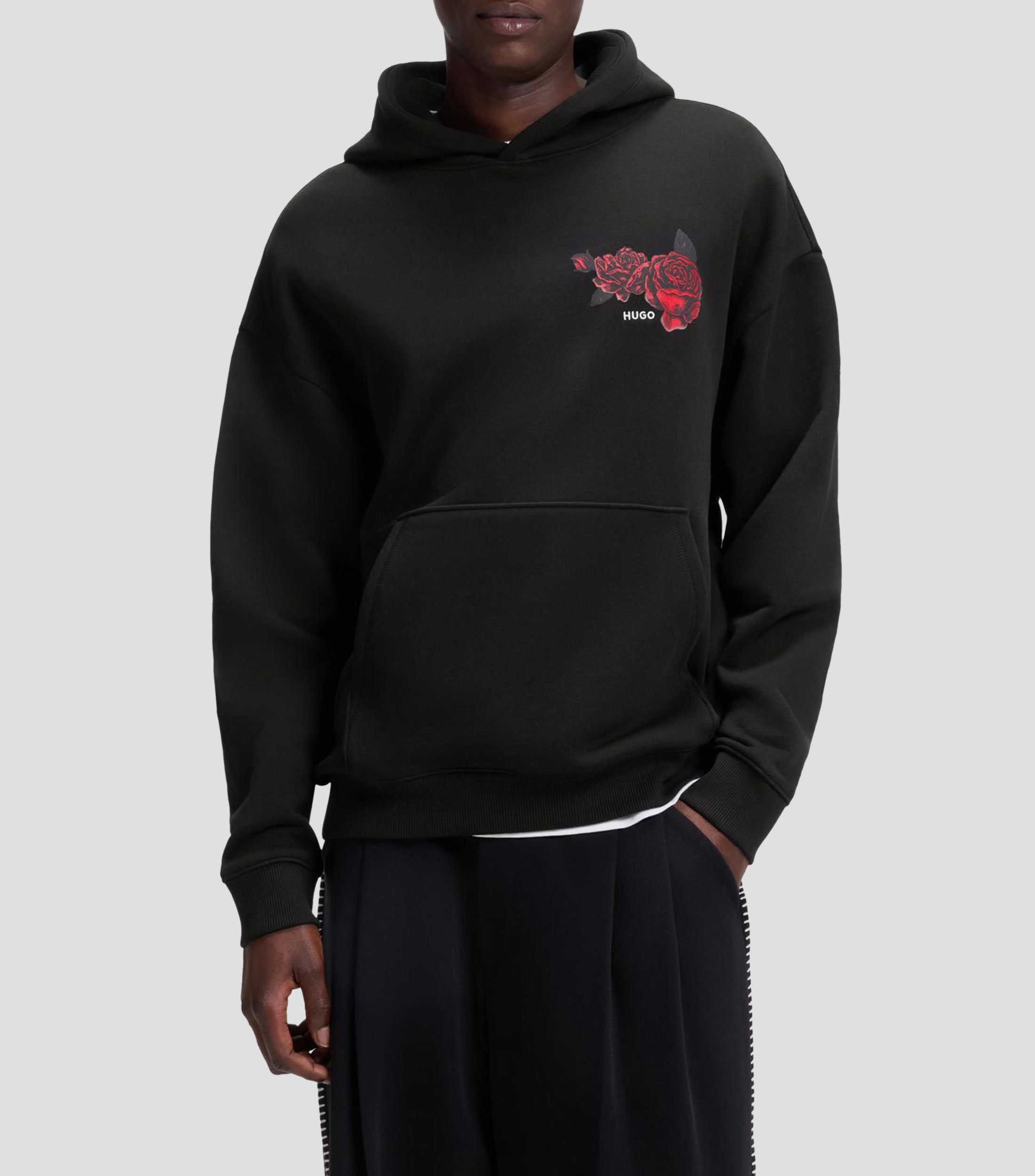 Sudadera de felpa de algodón con capucha e ilustración de rosas Hombre