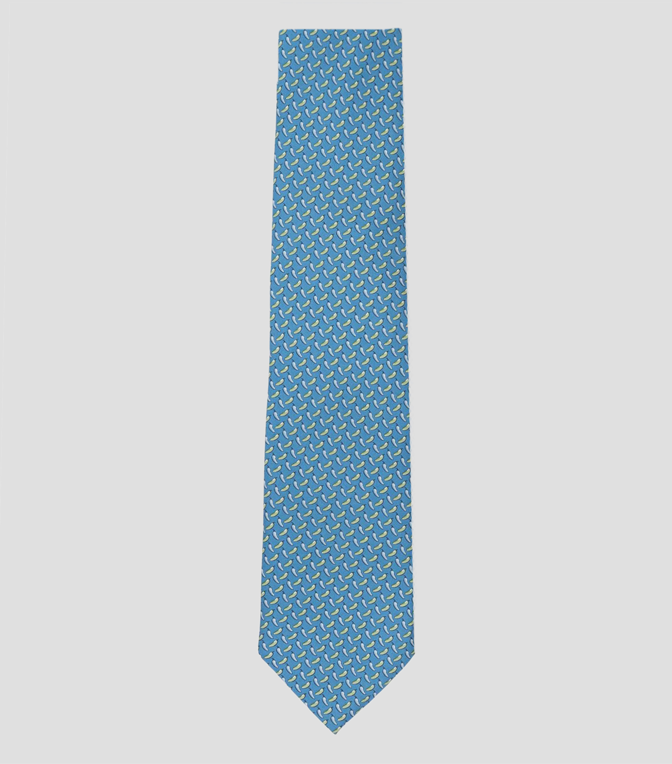 Corbata ancha de seda azul cielo con estampado de chiles de México