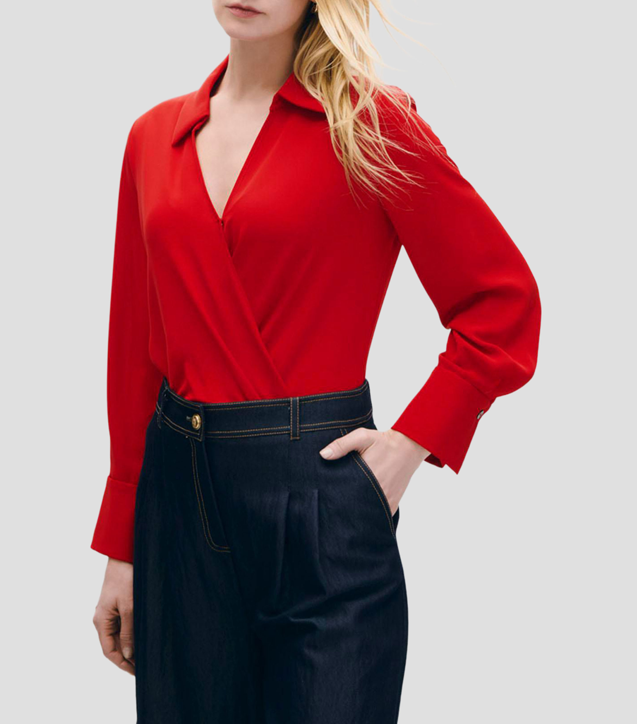 Blusa Envolvente Roja Cuello Camisero Mujer