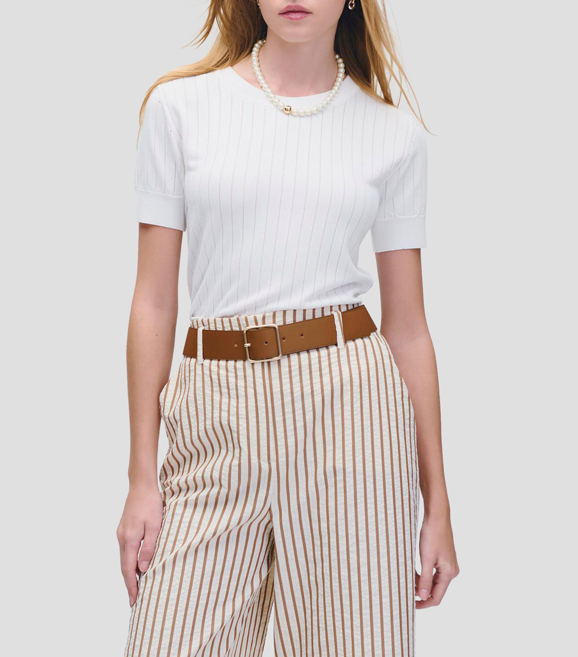 Blusa blanca tejido de punto detalle calado a rayas Mujer