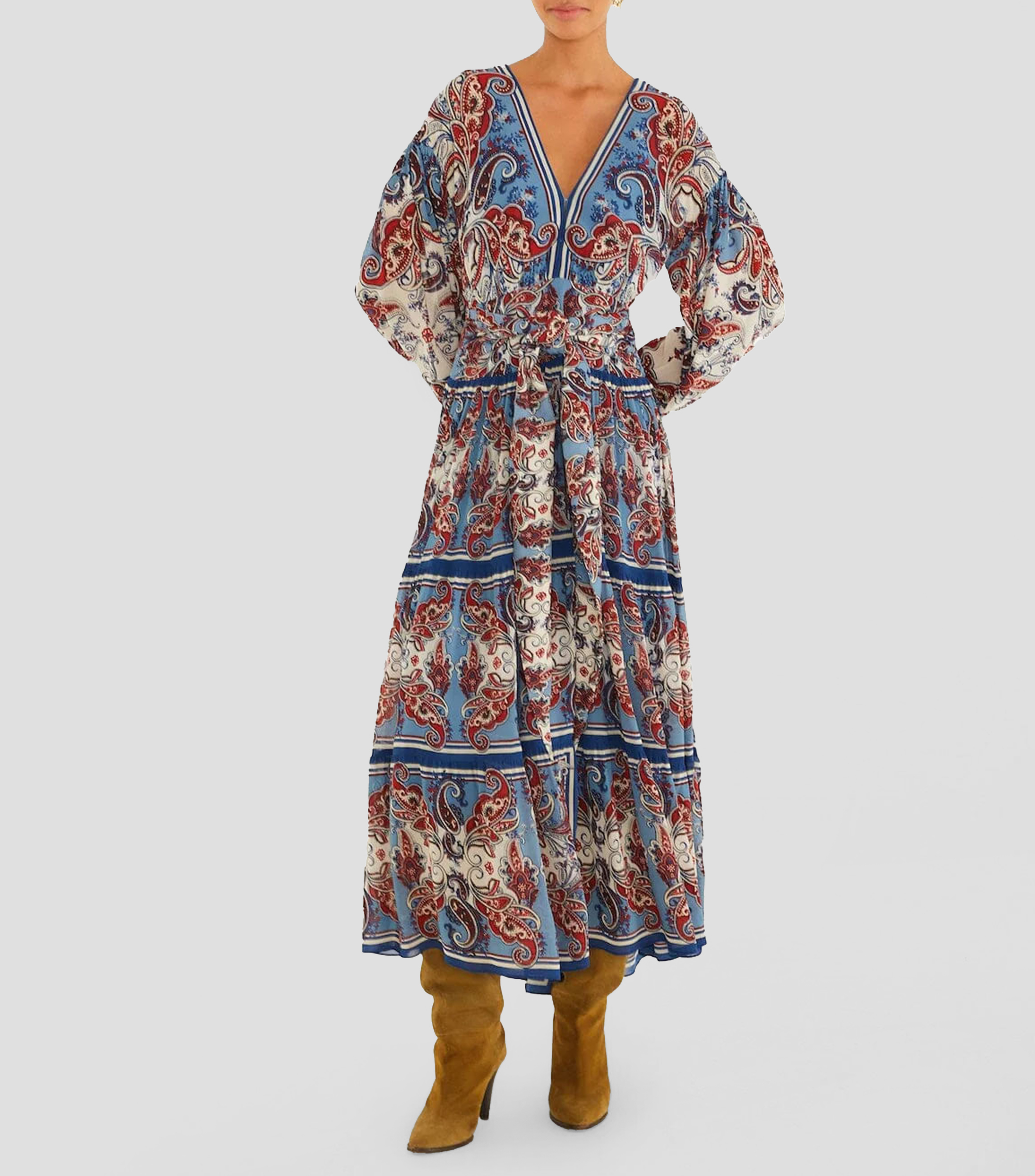 Vestido largo manga larga estampado Paisley Scarf Mujer