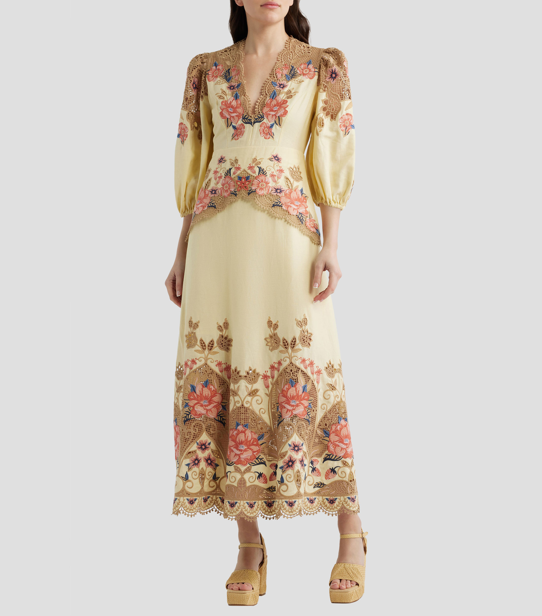 Vestido largo con manga 3/4 bordado Mujer